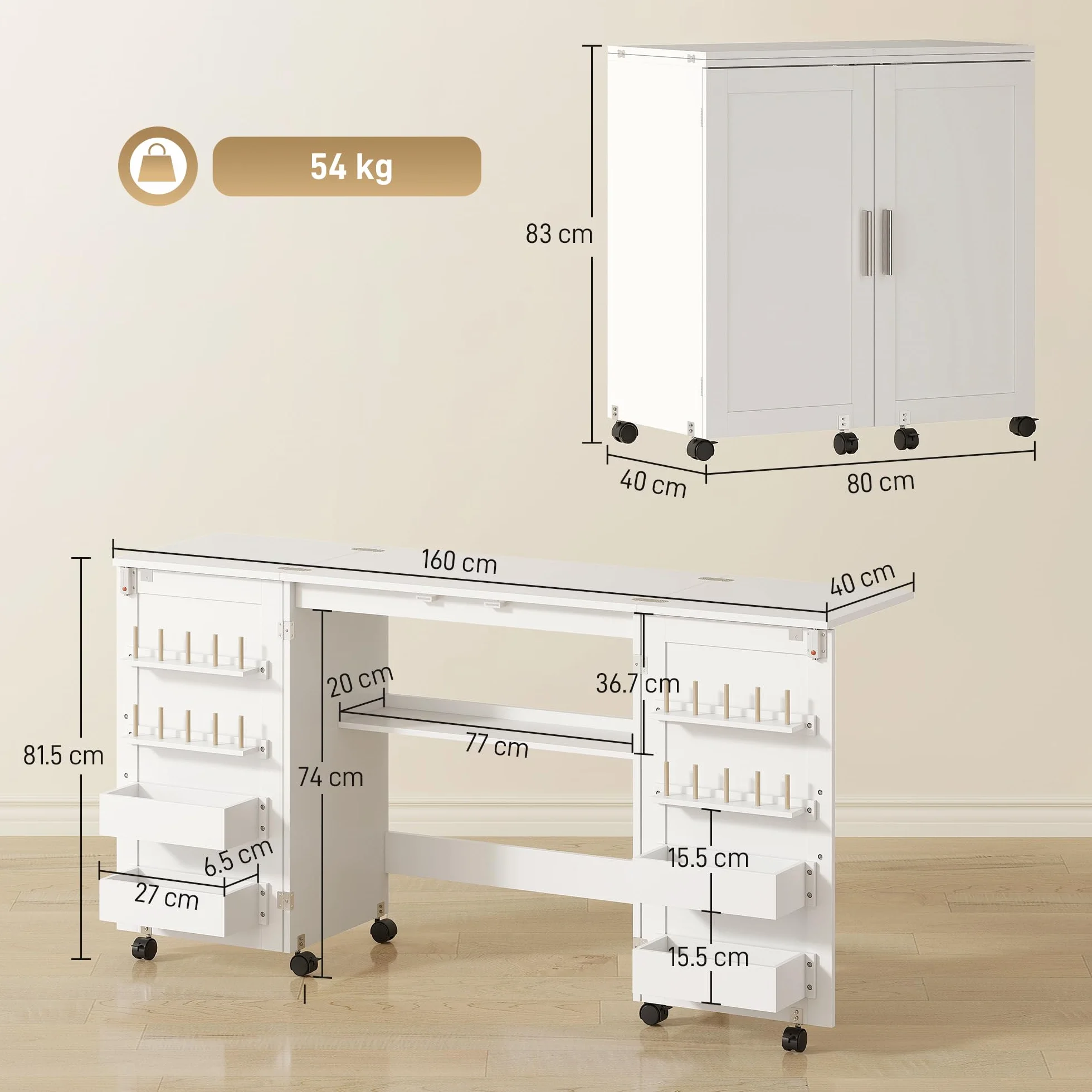 HOMCOM Mobile per Macchina da Cucire Pieghevole a 2 Ante Magnetiche, Tavolo per Macchina da Cucire Salvaspazio con Ripiani Portaoggetti, 20 Pioli per Bobine, Ruote a Freno, Armadio da Cucito, Bianco