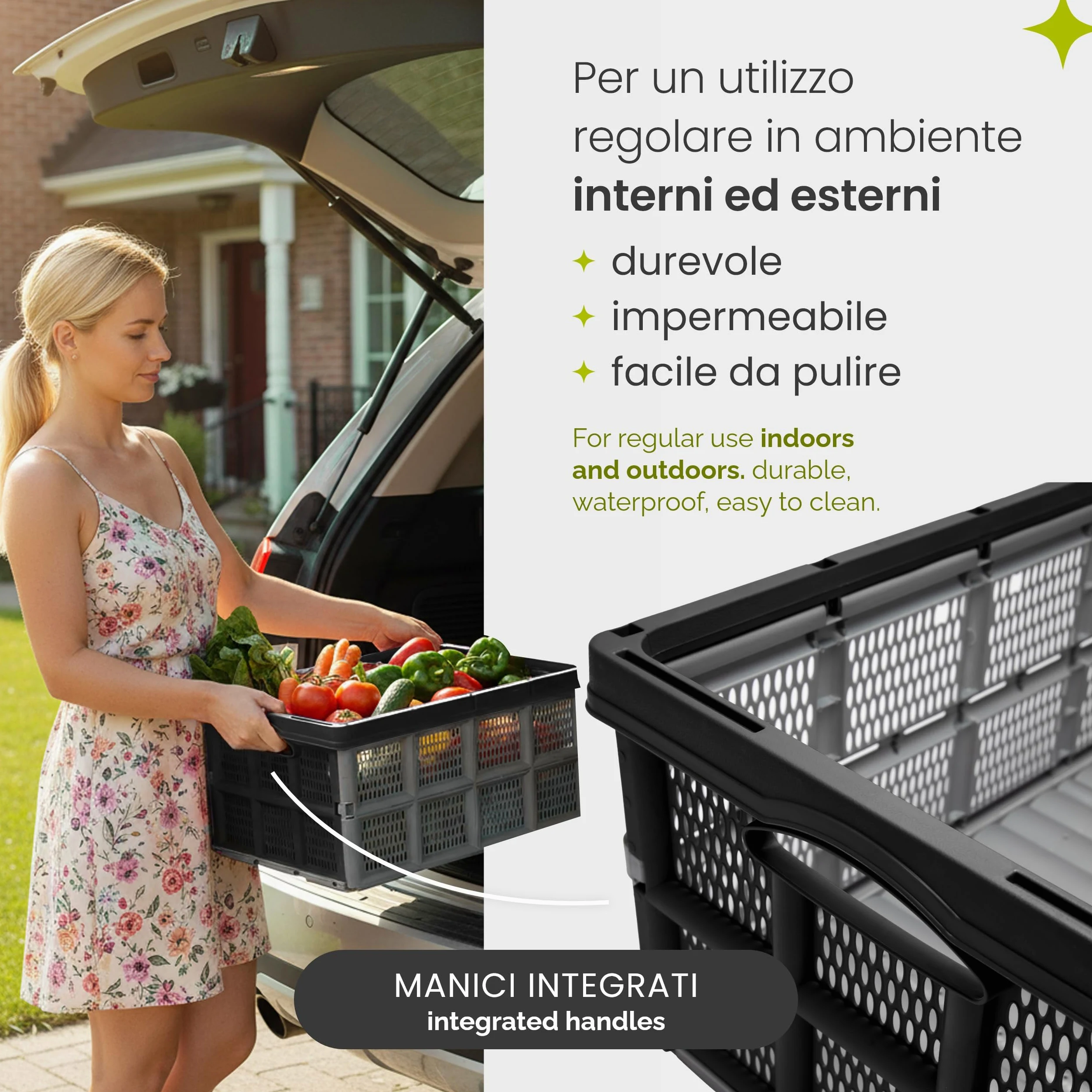 Garronda cassetta pieghevole 32L in plastica HDPE 51x34,5x22,5 cm, box richiudibile ed impilabile per trasporto e stoccaggio in auto, casa e giardino GD-0188 (Grigio/Nero)