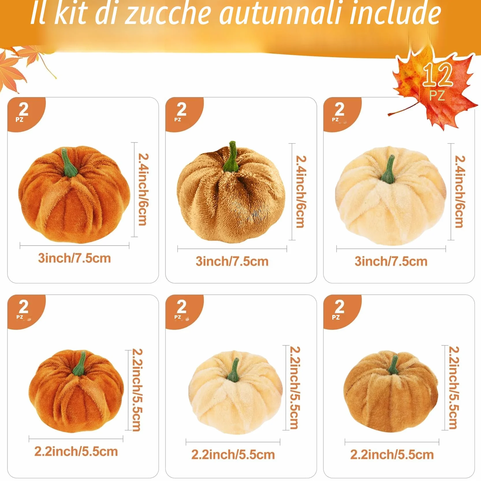 Décoration Autunnali Zucca 12 Pezzi Zucche di Velluto Artificiali per Halloween Ringraziamento