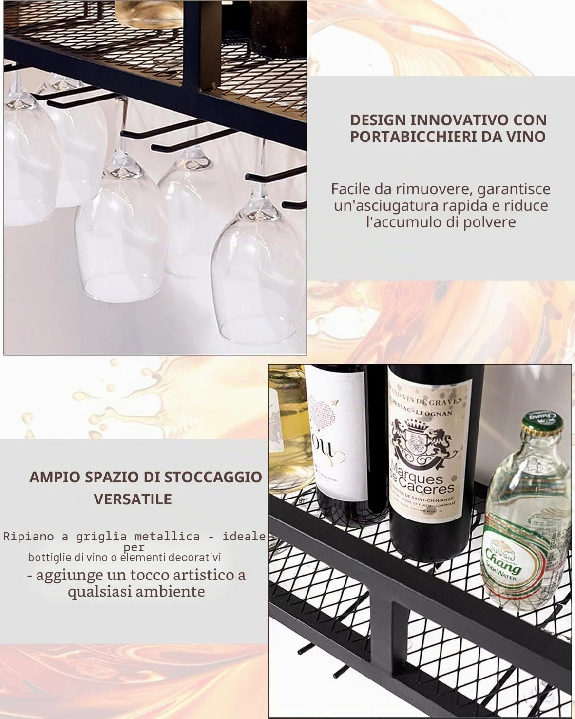 Portabottiglie da Parete con Portabicchieri a LED, Scaffale Moderno in Metallo 100 cm a 3 Livelli, Mensola Bar per Casa, Cucina e Locale Commerciale