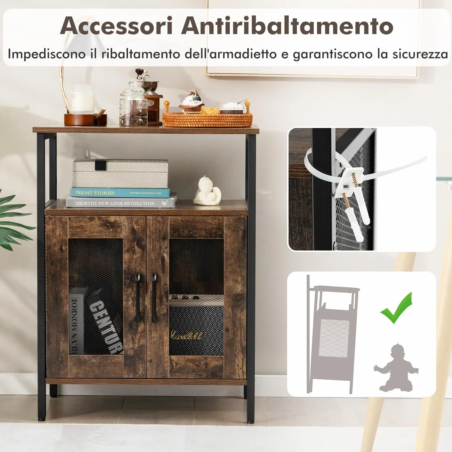 GYMAX Armadio per Vino per 5 Bottiglie Rimovibile, Armadietti di Vino con 6 Porta Calici, Mobile da Vino in Rete Metallica per Cucina, Sala da Pranzo, Industriale, 60 x 34 x 79 cm (Marrone)