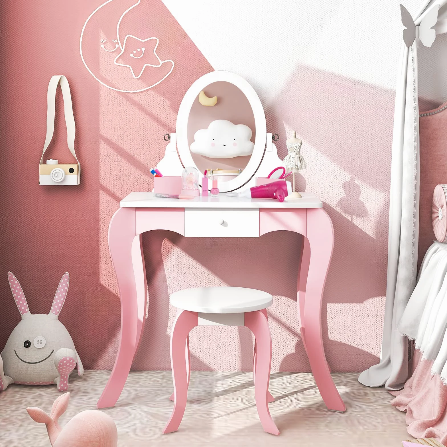 RELAX4LIFE 2 in 1 Toeletta Trucco per Bambini, Set Tavolo da Trucco per bambini, Specchio e Sgabello, Set di Vanità per Bambini da 3 a 7 anni