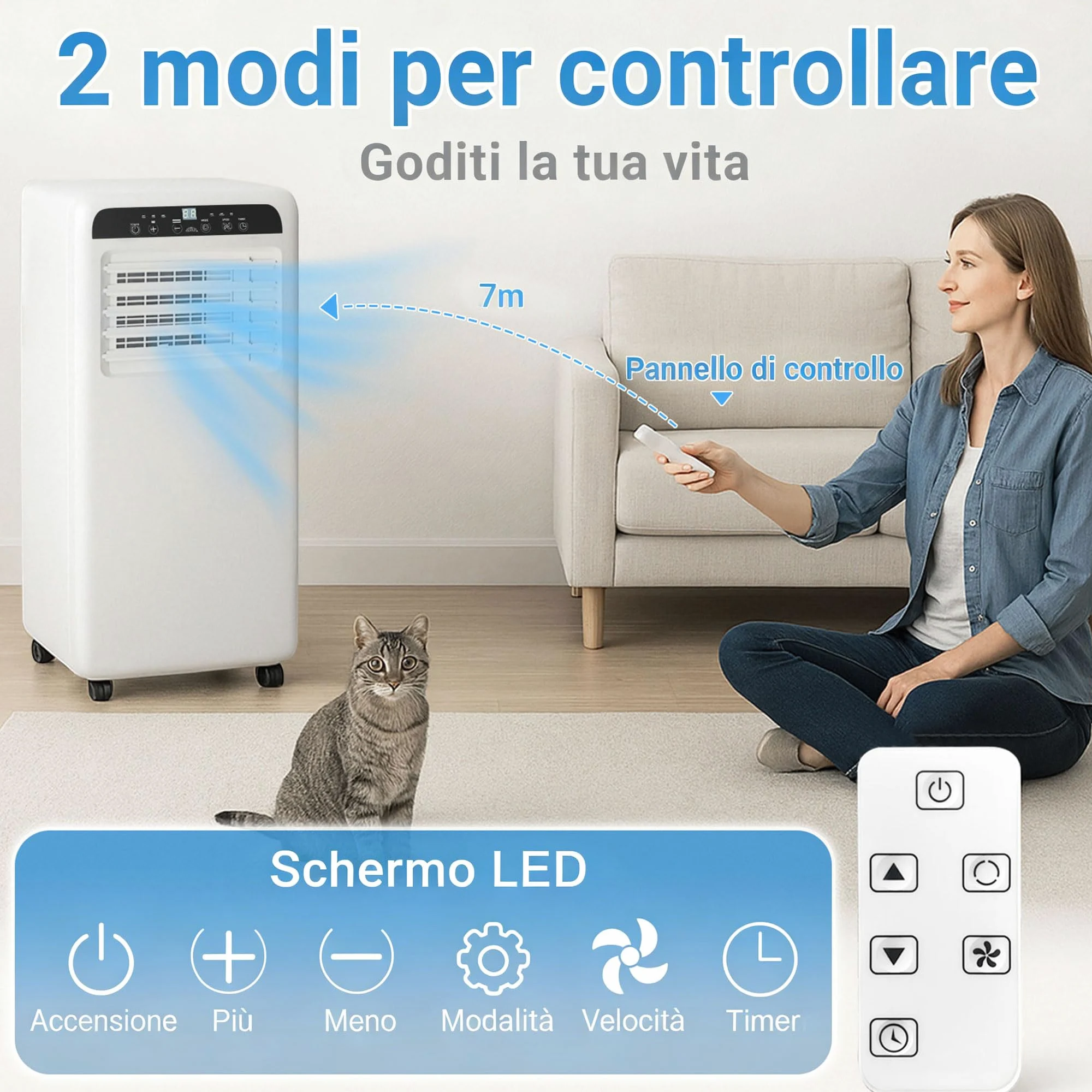 Climatizzatore portatile 9000 BTU 3-in-1 fino a 35 m²: raffreddamento, ventilazione e deumidificazione. Con telecomando, kit installazione, timer 24h e funzionamento silenzioso