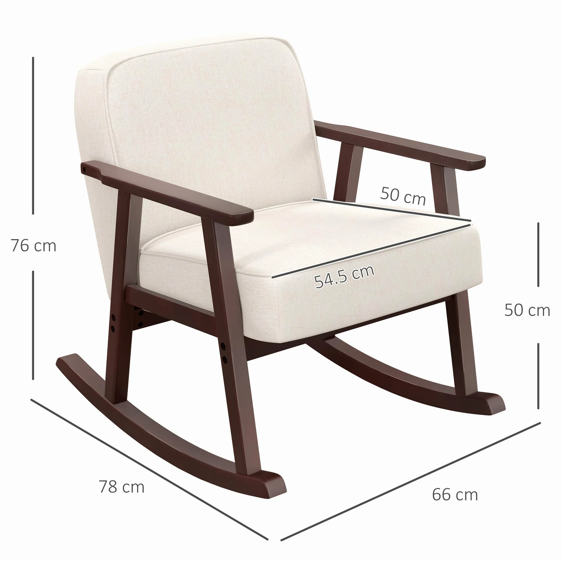 HOMCOM Poltrona a Dondolo per Interni in Tessuto Effetto Lino e Legno con Braccioli e Cuscini, 66x78x76 cm, Beige e Marrone