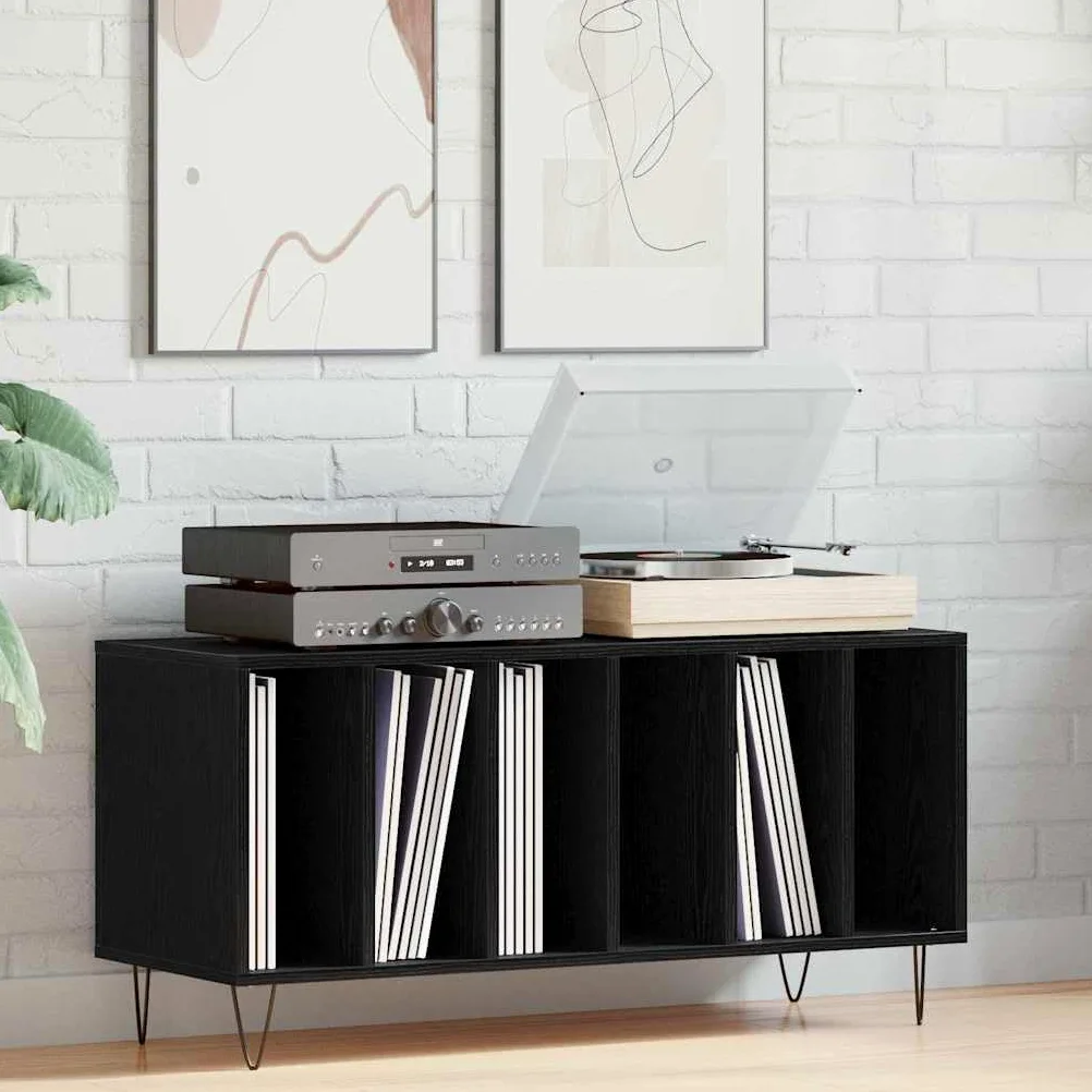 Armadietto per dischi in vinile, colore nero, effetto rovere, 100 x 38 x 48 cm, mobile multimediale Hifirack, lowboard, credenza, scaffale per CD, DVD, Blu-ray, console da gioco in vinile