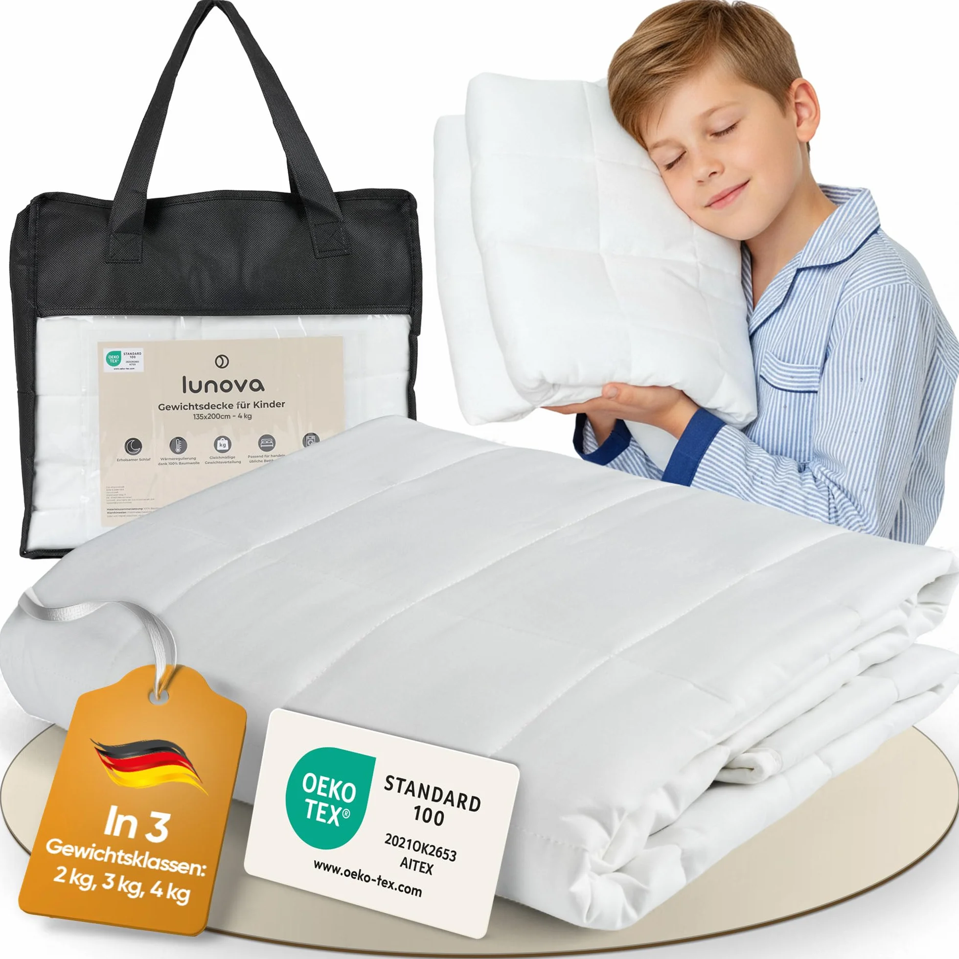 LUNOVA Coperta pesi per bambini, 4 kg (135 x 200 cm), coperta pesante per un sonno migliore e un riposo interno, in cotone Oeko-TEX, lavabile, ideale per 35-45 kg di peso corporeo, peso corporeo