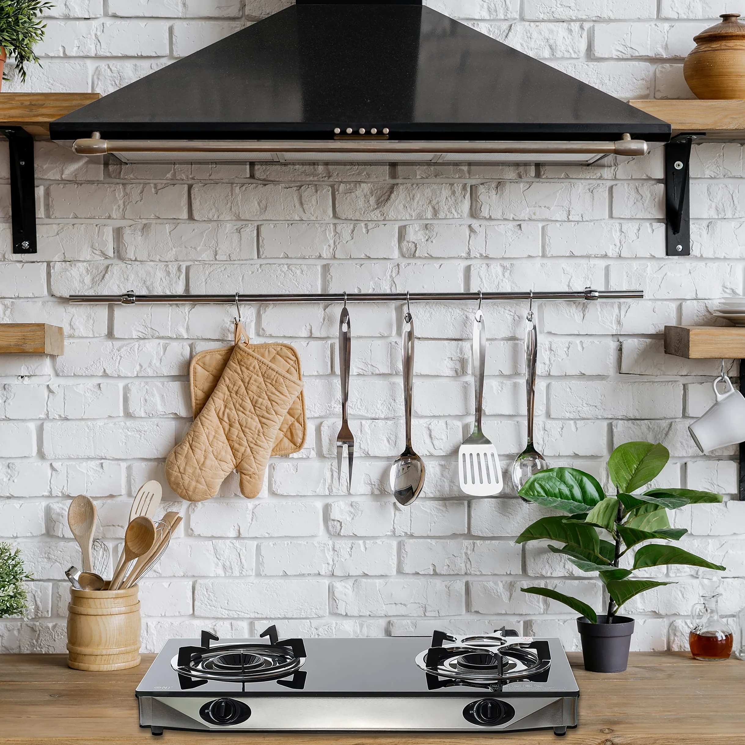 NJ NGB-S2 - Fornello a gas, 2 fuochi, in vetro, colore: nero, 6,8 kW