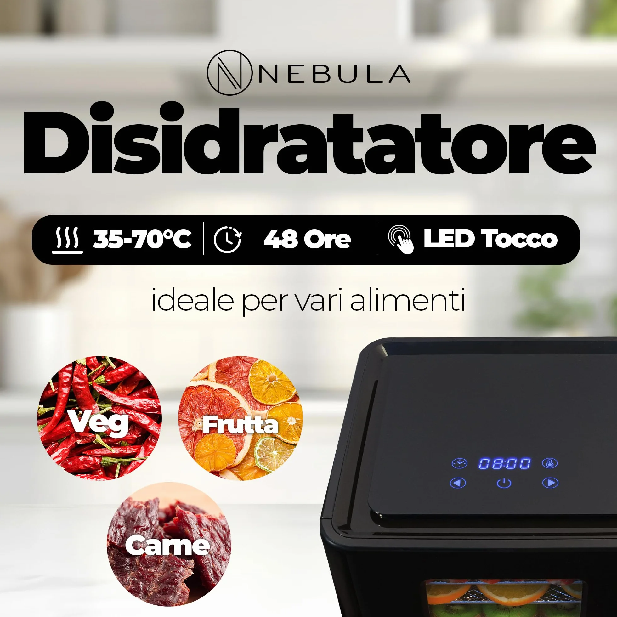 Nebula Essiccatore Alimentare 400W Con 6 Vassoi Inox | Display Touch LED, Temperatura Regolabile 35-70°C, Timer 48h | Disidratatore Per Frutta, Verdura, Carne, Snack E Erbe