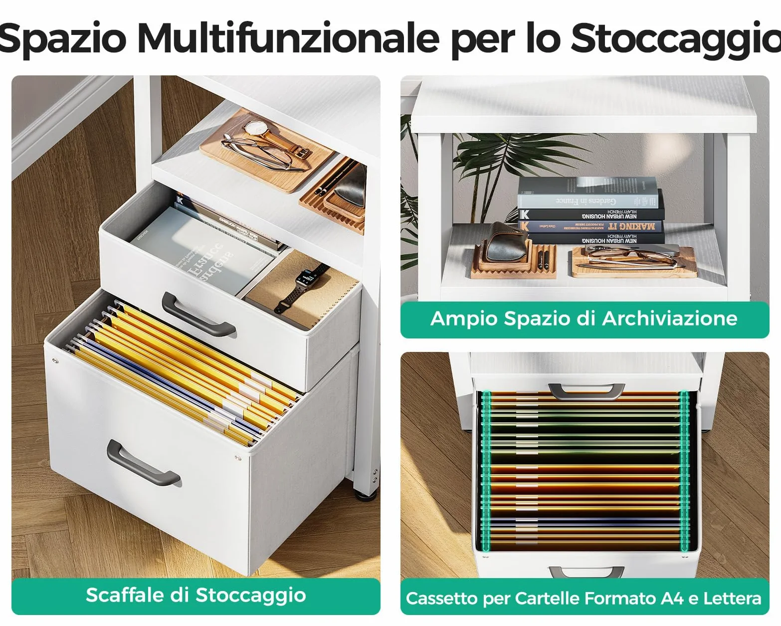 Coleshome Scrivania Angolare con Tessuto Cassetti, 140x80cm Reversibile Scrivania a l con Cassetto Portadocumenti, Scrivania per Computer con Porta di Ricarica USB e Presa di Corrente, Bianco