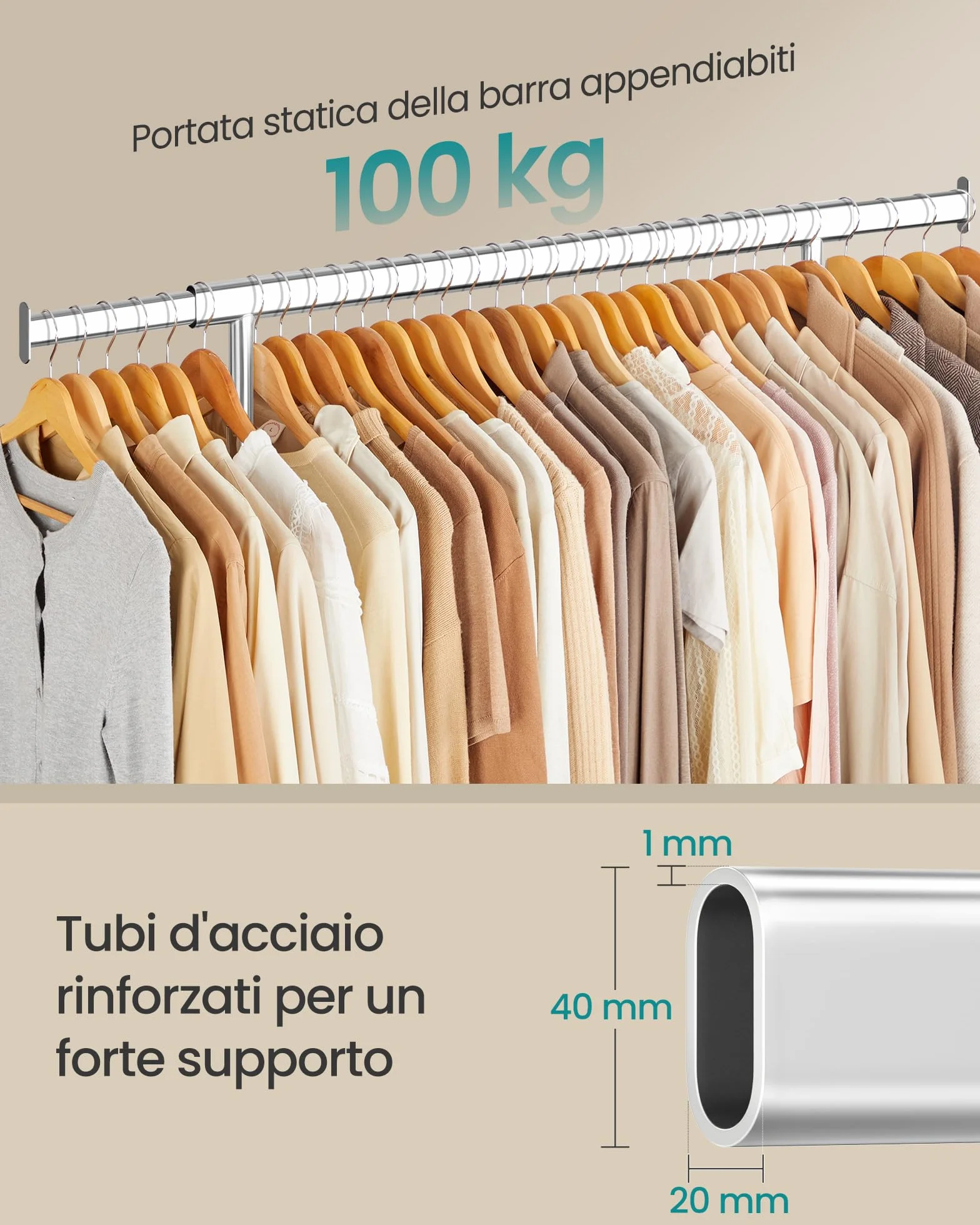 SONGMICS Stand Appendiabiti con Ruote, Estensibile, Portata 100 kg, 45 x 92-132 x 161,5 cm, Argento HSR13S