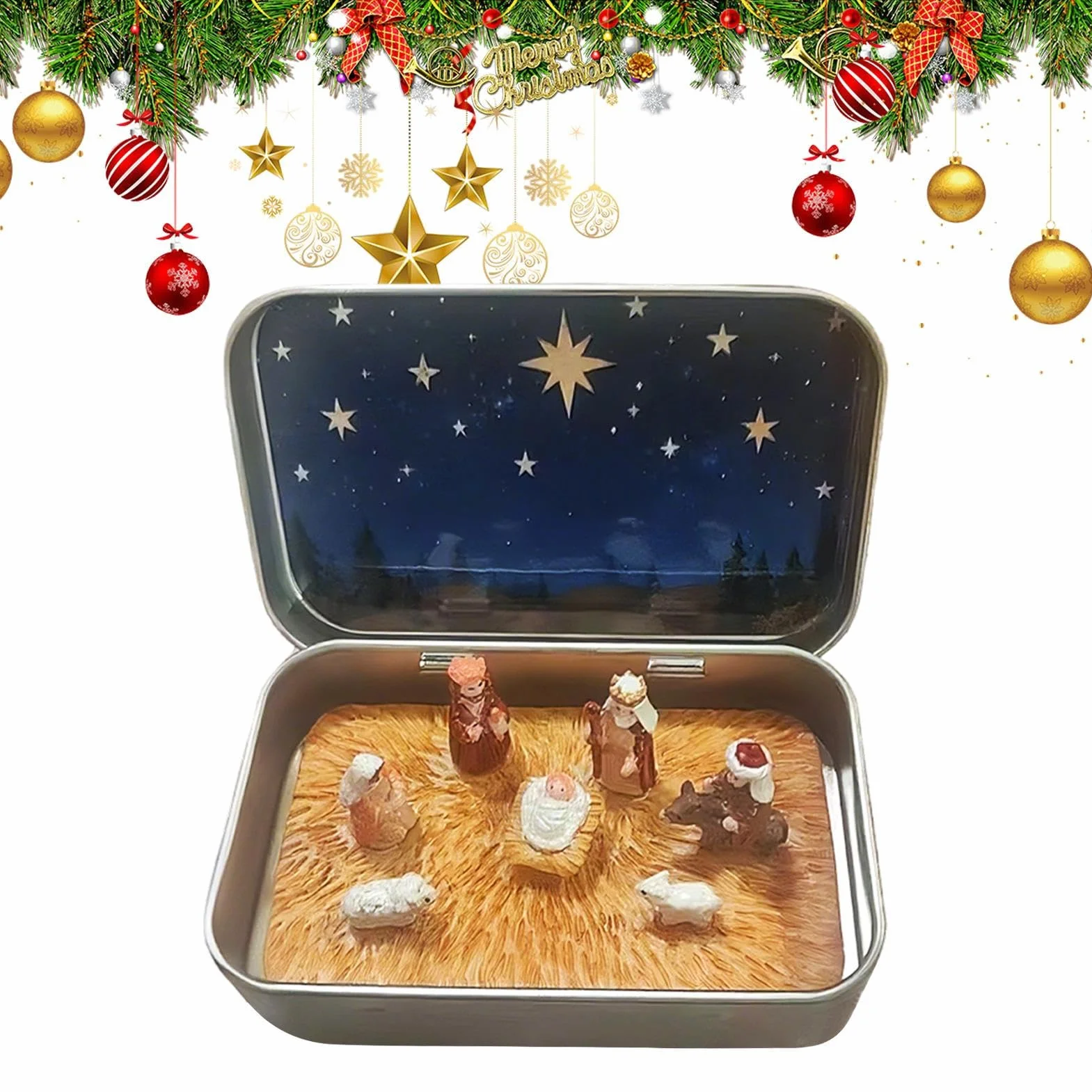 Presepe natalizio illuminato, set di statuette della Sacra Famiglia, statue di Gesù Cristo in resina, decorazione natalizia, scena in miniatura, statua in resina, presepe compatto in scatola di latta