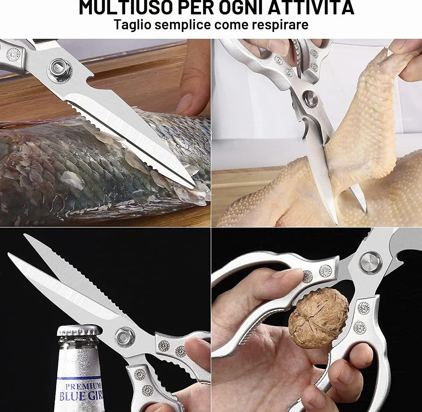 CGBE Forbici da Cucina, Forbice Cucina Resistenti Affilate in Acciaio Inossidabile, Forbici Trinciapollo Professionale Multiuso per Pollame, Pollo, Pesce, Carne, Verdure, Erbe, Argento