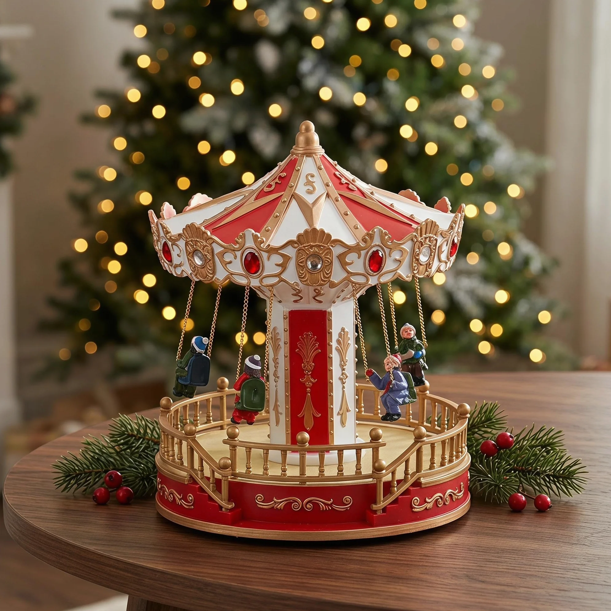 TOYANDONA Giostra natalizia illuminata: giostra rotante in resina - Decorazione da tavolo con Babbo Natale a LED e musica - Statuetta musicale a forma di altalena per le feste, ideale per decorare