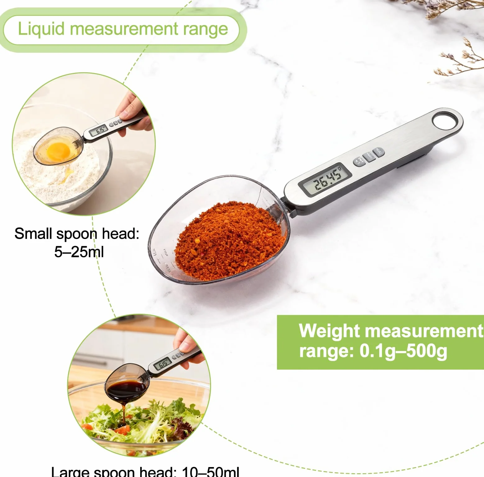 Cucchiaio bilancia digitale precisione misure da 0,1g a 500g 2 testa a cucchiaio diverse electronic spoon scale multifunzionale con diverse unità di misura frontale in acciaio inossidabile argentato