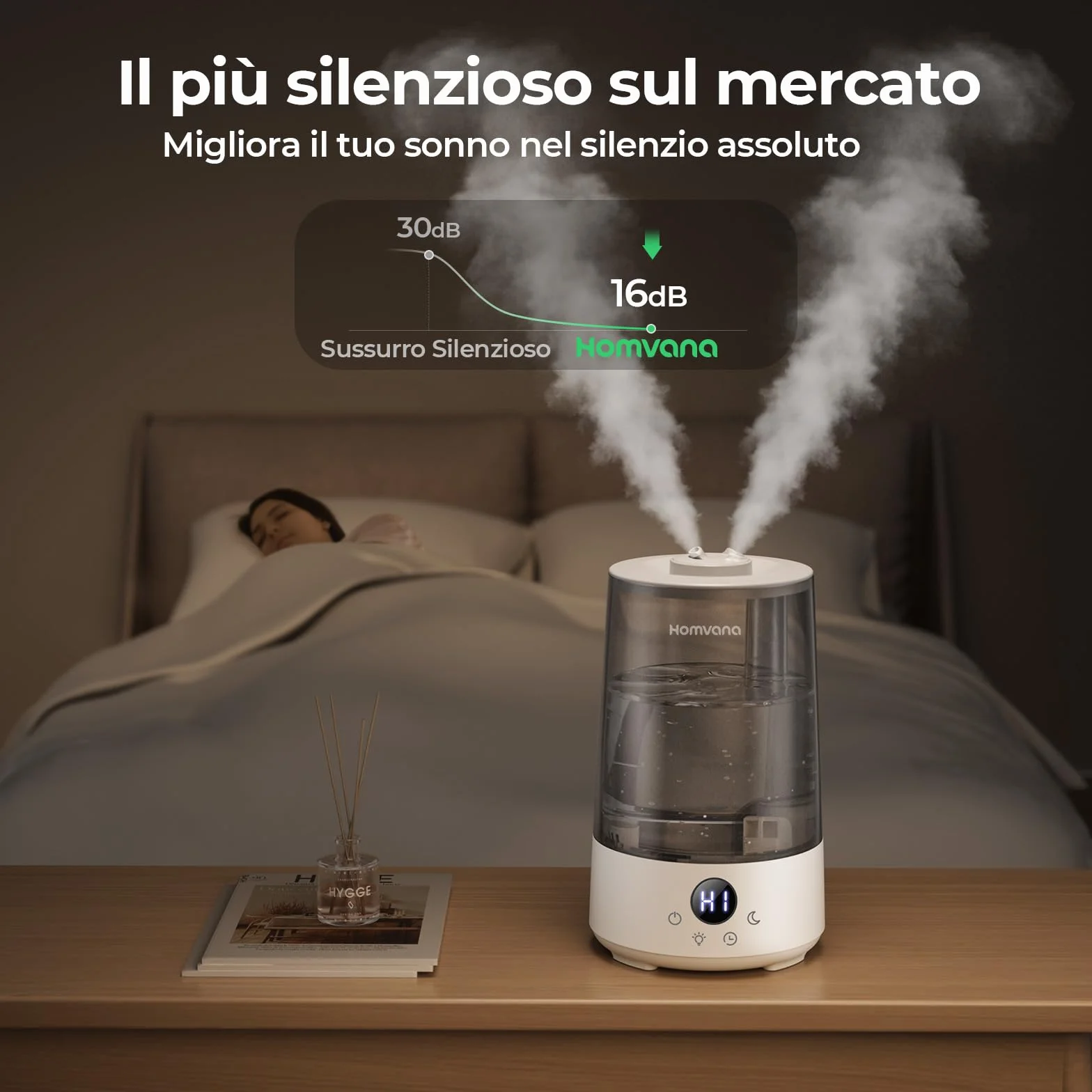 Umidificatore Ambiente Bambini Homvana 3.6L, 360°Cool Mist 16dB Silenzioso for Baby, Piante Dura da 34H, Auto Sleep Modo, con Luce e Aromaterapia Top-Fill, Facile da Pulire, Oli Essenziali (Grigio)