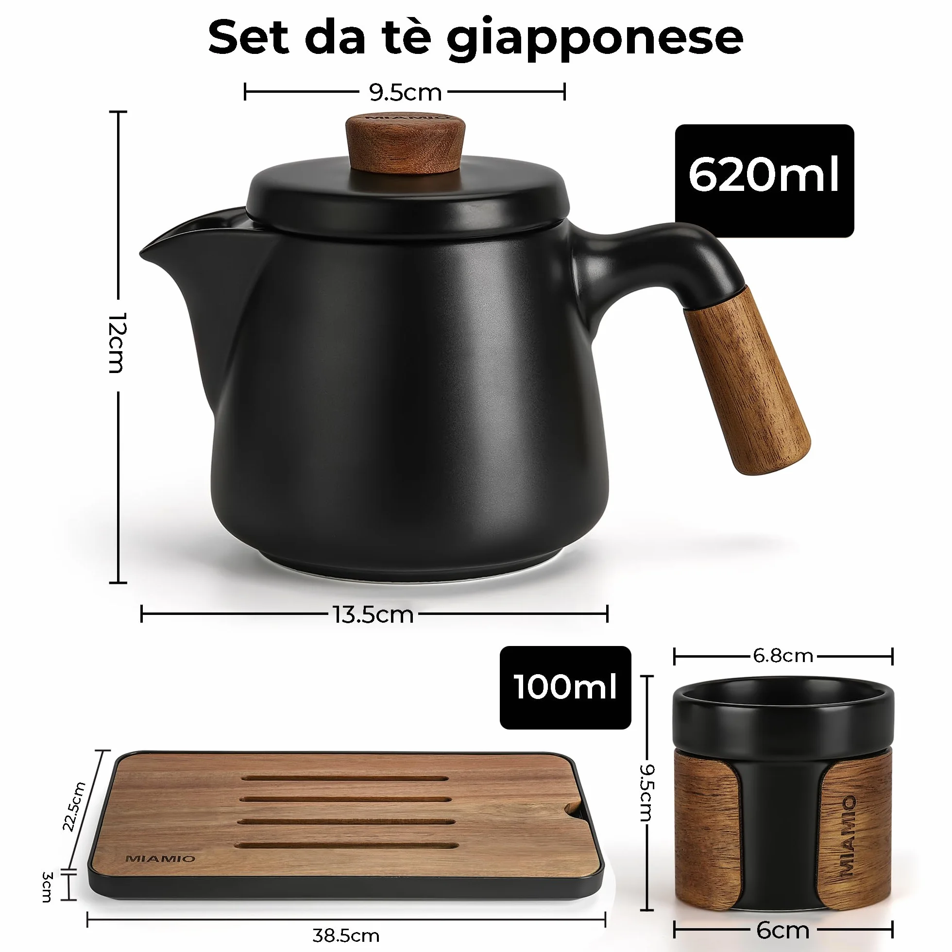 Set da tè giapponese 6 tazze 100 ml teiera 620 ml con infusore tradizionale Nero