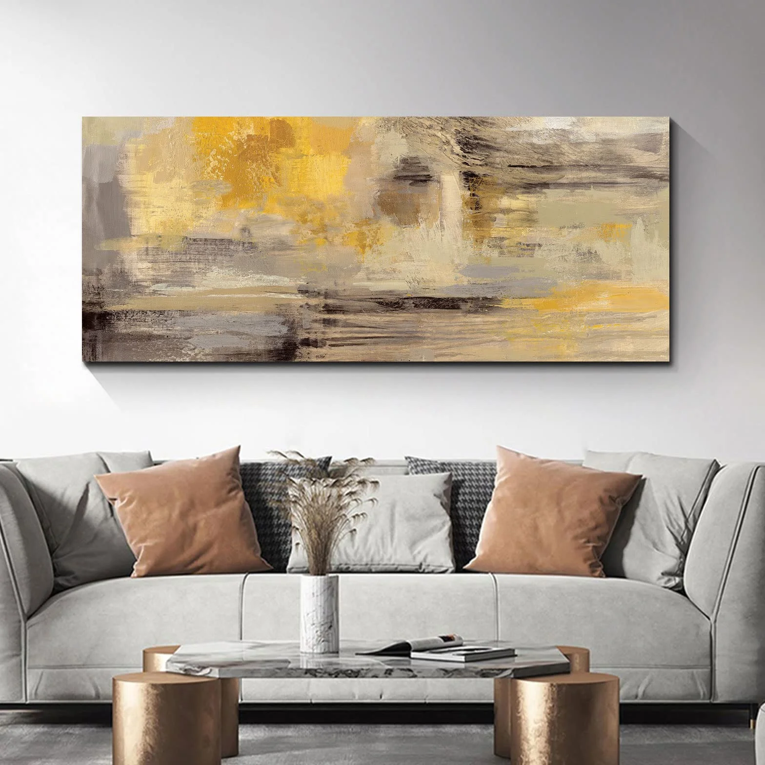 FajerminArt Grande Stampa su Tela Con Cornice Astratto grigio giallo senape Quadri Moderni Immagine pittura su tela soggiorno camera da letto ristorante Decorazione Murale 120x50cm
