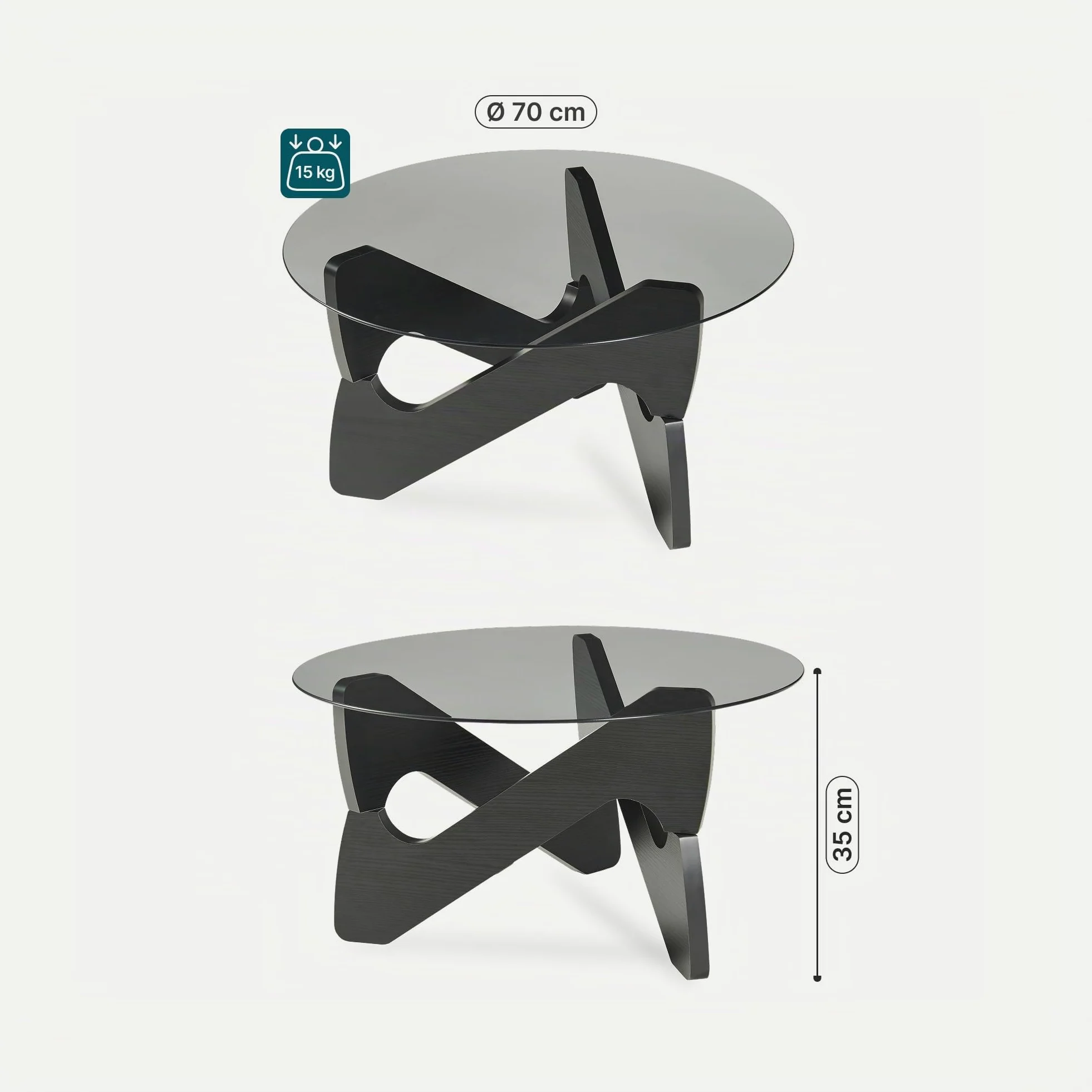 [en.casa] Tavolino da Caffè con Piano in Vetro Fumé 70x35 cm Nero/Grigio | Tavolo Basso Centrale per Salotto Soggiorno Living Piano Rotondo Circolare in Vetro Temperato Struttura Geometrica