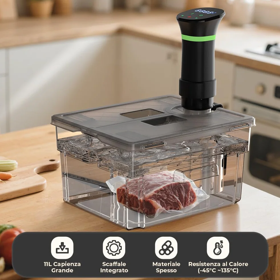 Contenitore Sous Vide 11L Grigio con Coperchio e Griglia Incorporata Doppia Apertura