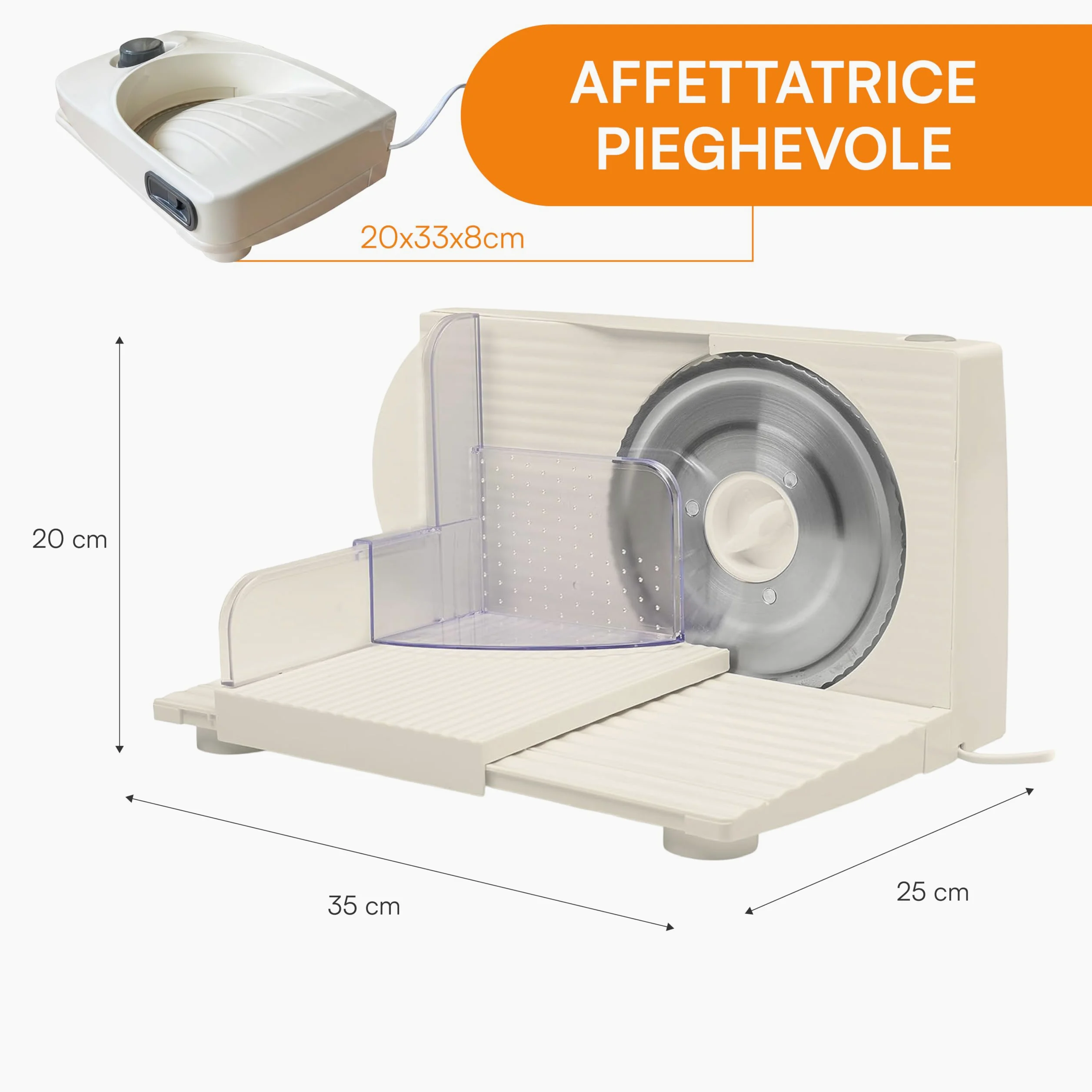 Baroni Home Affettatrice Elettrica Pieghevole con Lama Seghettata Removibile, Spessore Regolabile 0-15 mm, Ventose Antiscivolo, Compatta Richiudibile, per Salumi, Pane, Carne e Verdure
