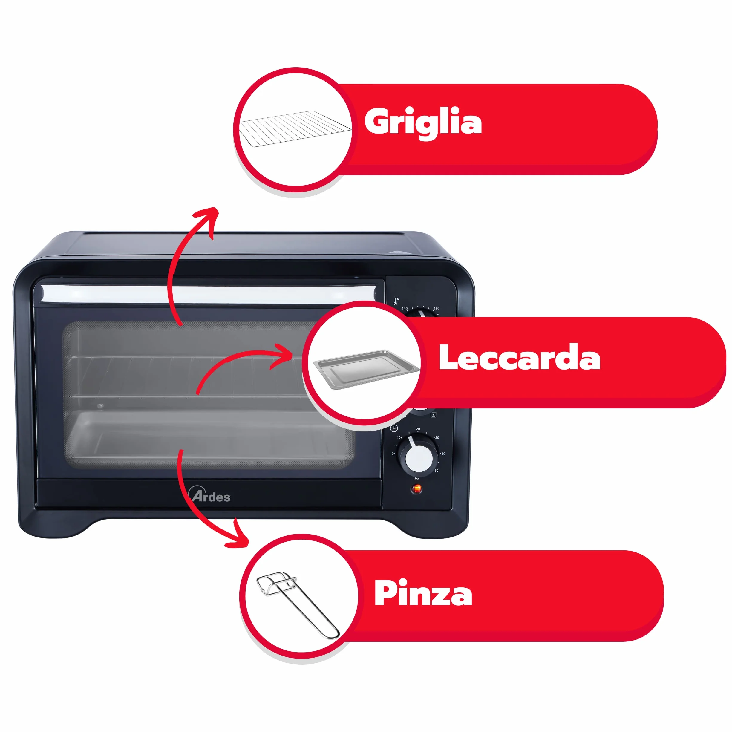 ARDES MAGNUS AR6222PB Fornetto Elettrico Ventilato da 20 Litri 6 Funzioni Cottura Timer Doppio Vetro