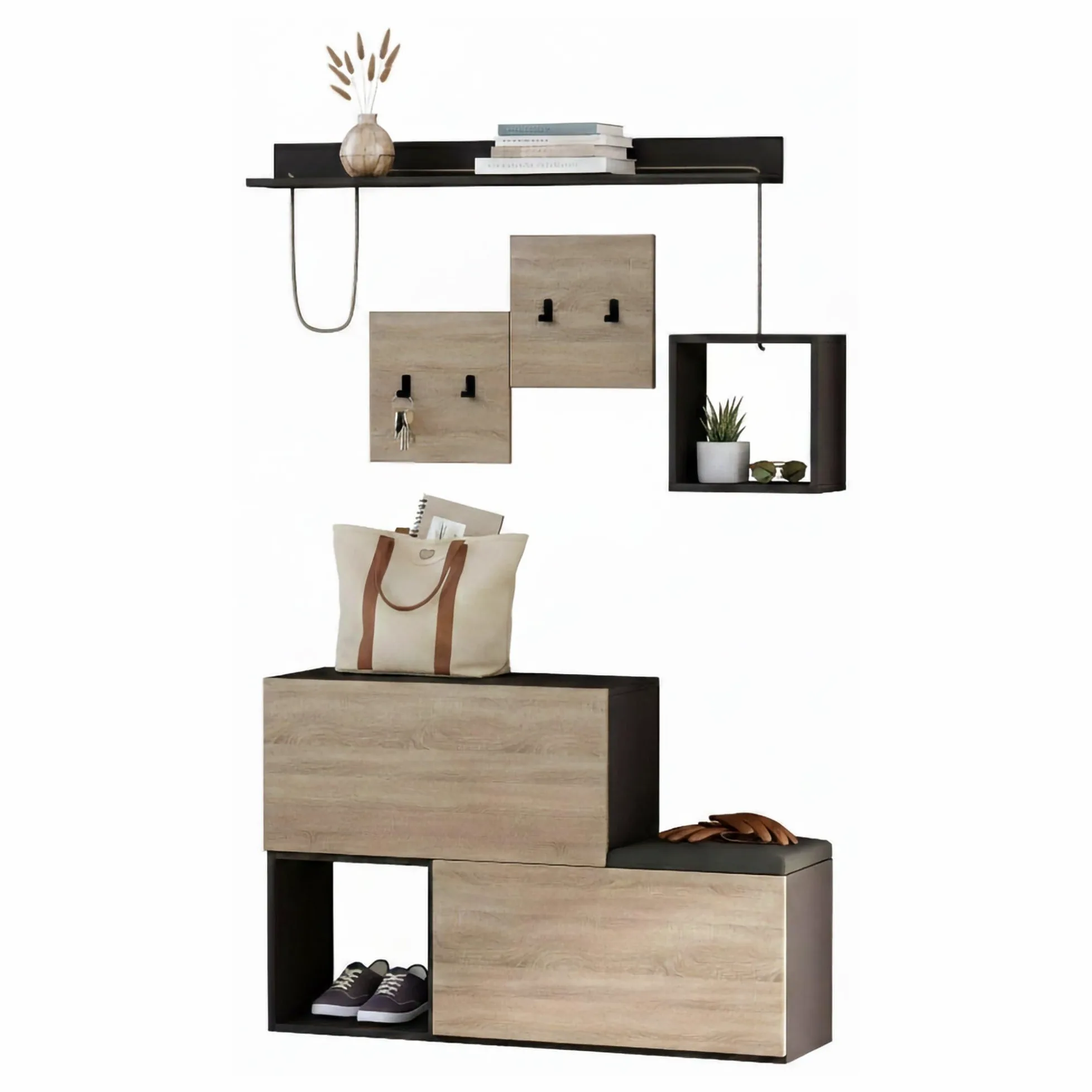 Dmora - Mobile da ingresso Caph, Entratina appendiabiti, Composizione per atrio, Consolle portaoggetti multifunzione, 120x17h76 cm, Antracite e Rovere