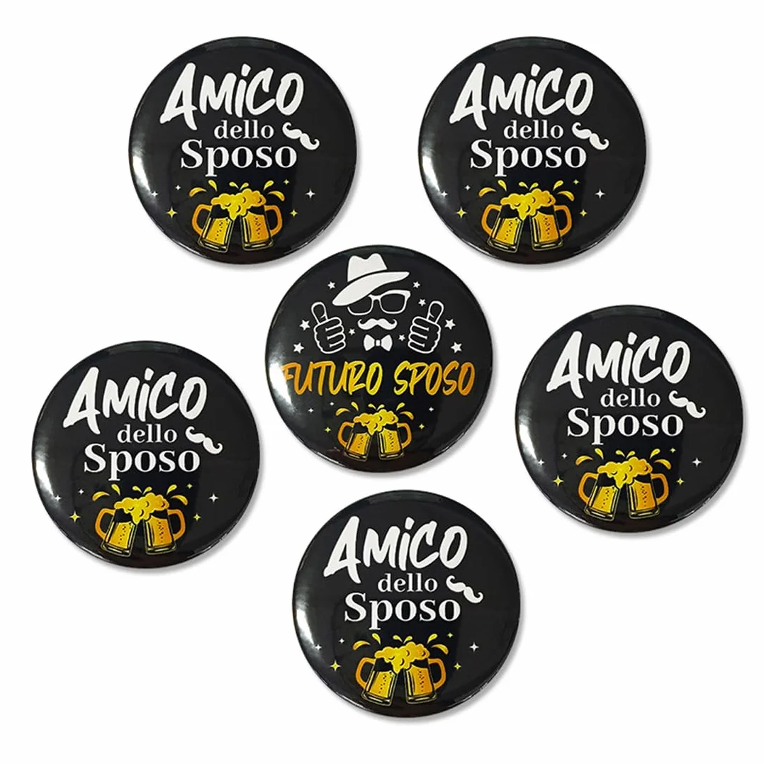 Spille Gadget Addio al Celibato Sposo e Amici (6 Pezzi: 1 Sposo + 5 Amici). Distintivi in Metallo per Festa, Matrimonio.