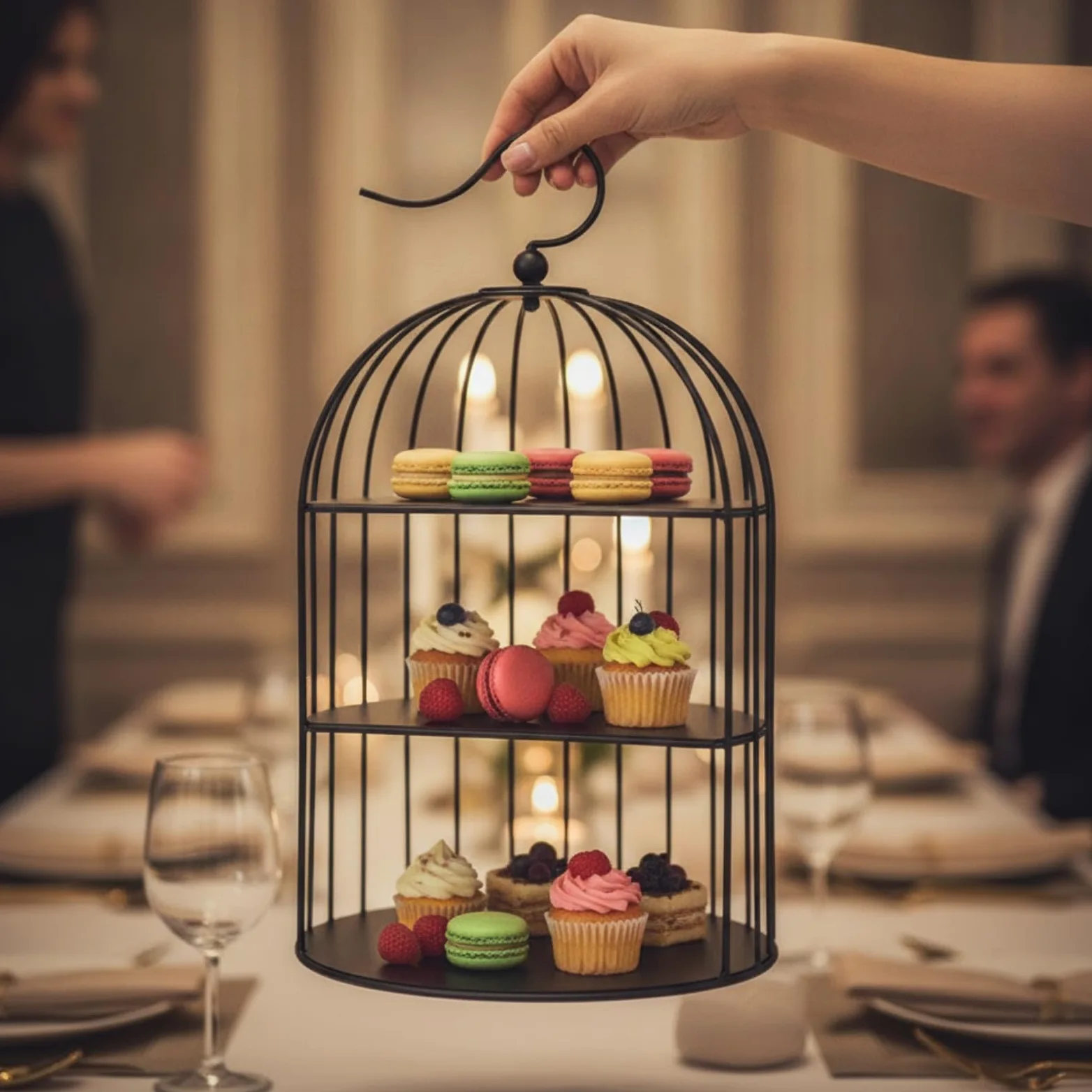 Alzata per Dolci Portatorta Vassoio Espositore in Acciaio Inox a Tre Ripiani Stile Gabbia con Manico Ad Arco Struttura , Nero , Stile Europeo, Design A Gabbia Per Uccelli A Tre Livelli