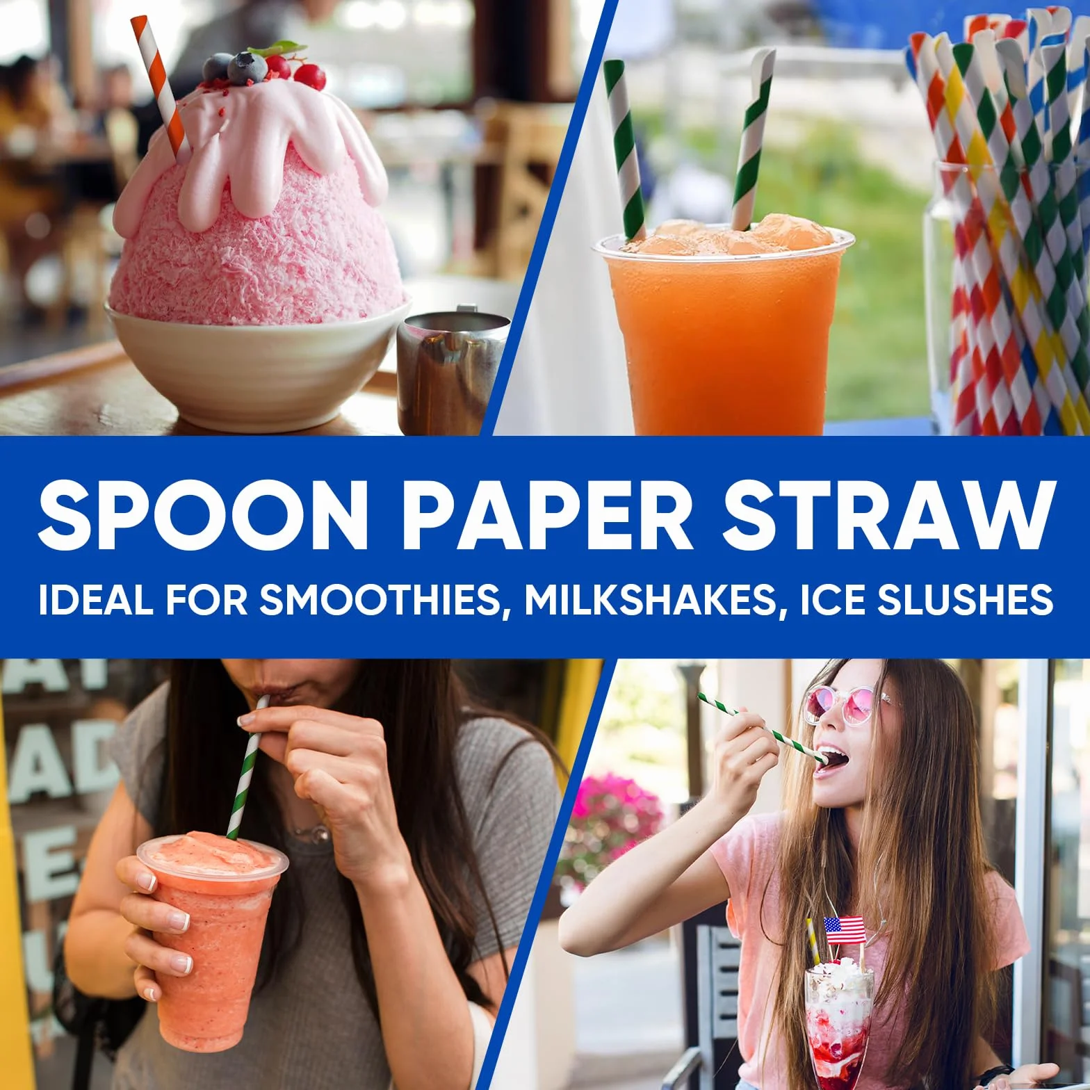 Cannucce usa e getta in carta con cucchiaio, cannucce di carta per slushy, frullati, frappè, bevande congelate, 20,0 x 0,8 cm, 200 pezzi, strisce colorate, biodegradabili