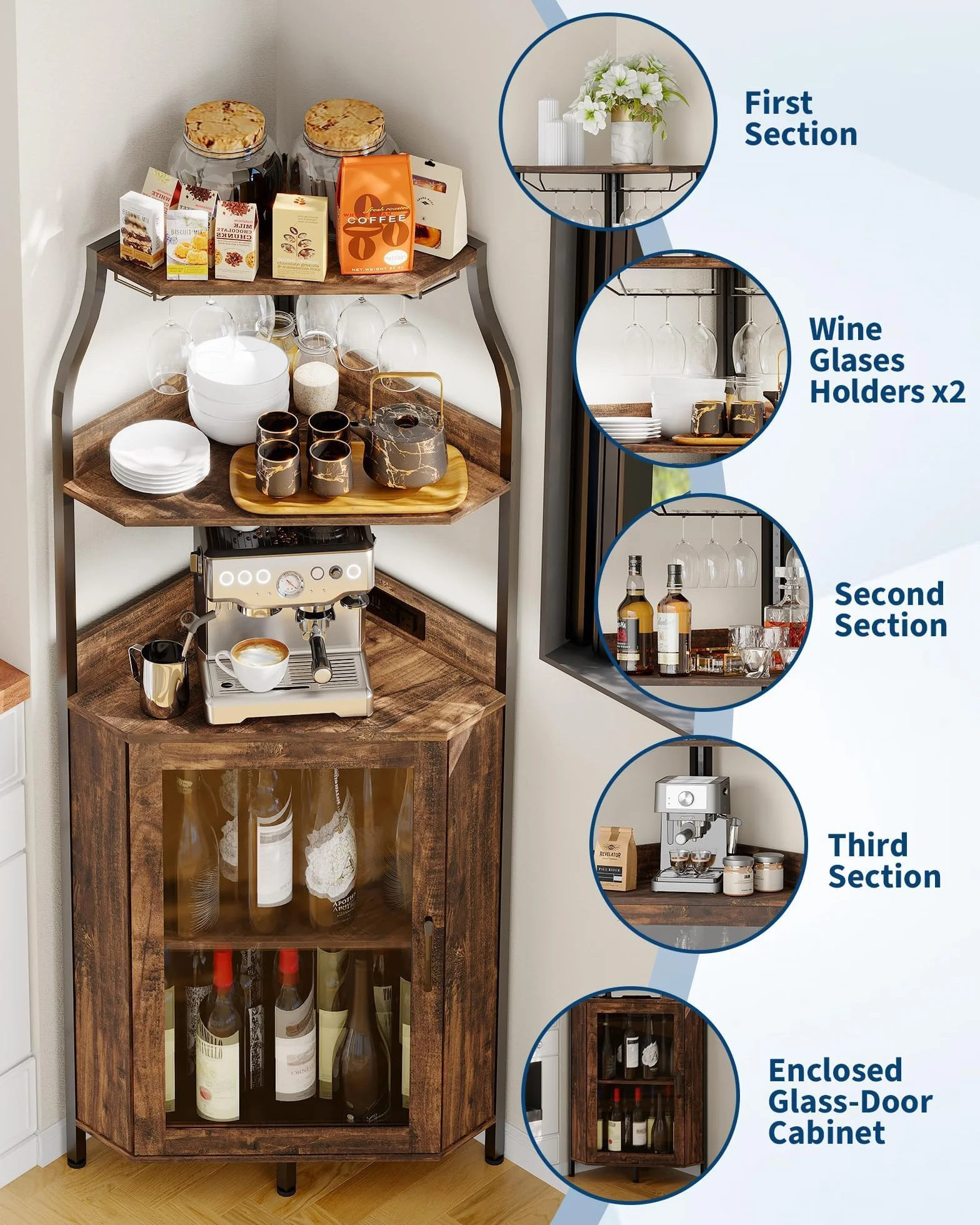 Elegante Mobile Portabottiglie Curvo in MDF, Struttura Stabile e Salvaspazio, Facile Da Pulire, Ideale Per Soggiorno, Sala Da Pranzo e Cucina