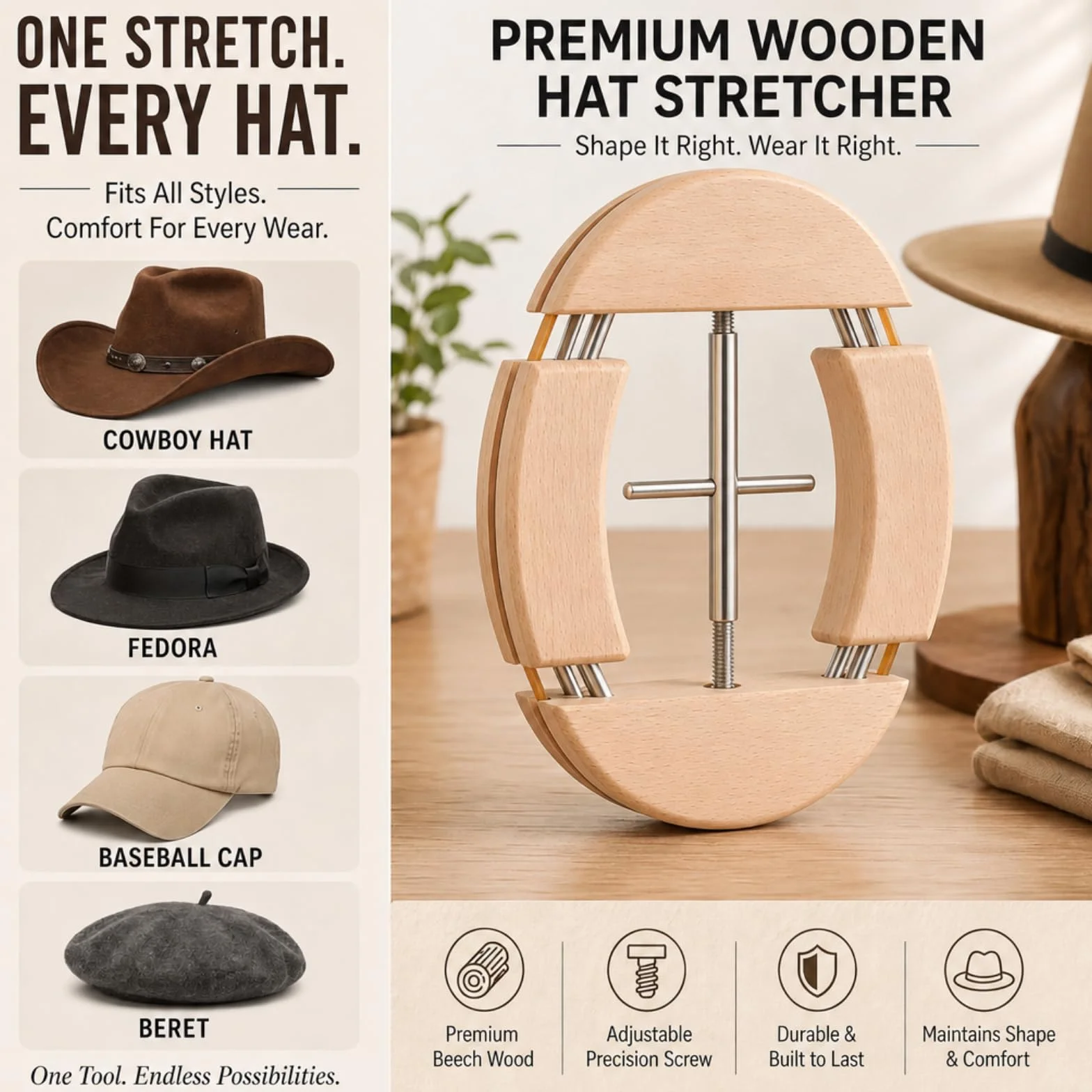 Tenditore per cappelli a quattro lati in legno, supporto per cappelli in legno naturale, cappello da cowboy, regolabile in larghezza al cappello, adatto per cappelli da baseball e cappelli da