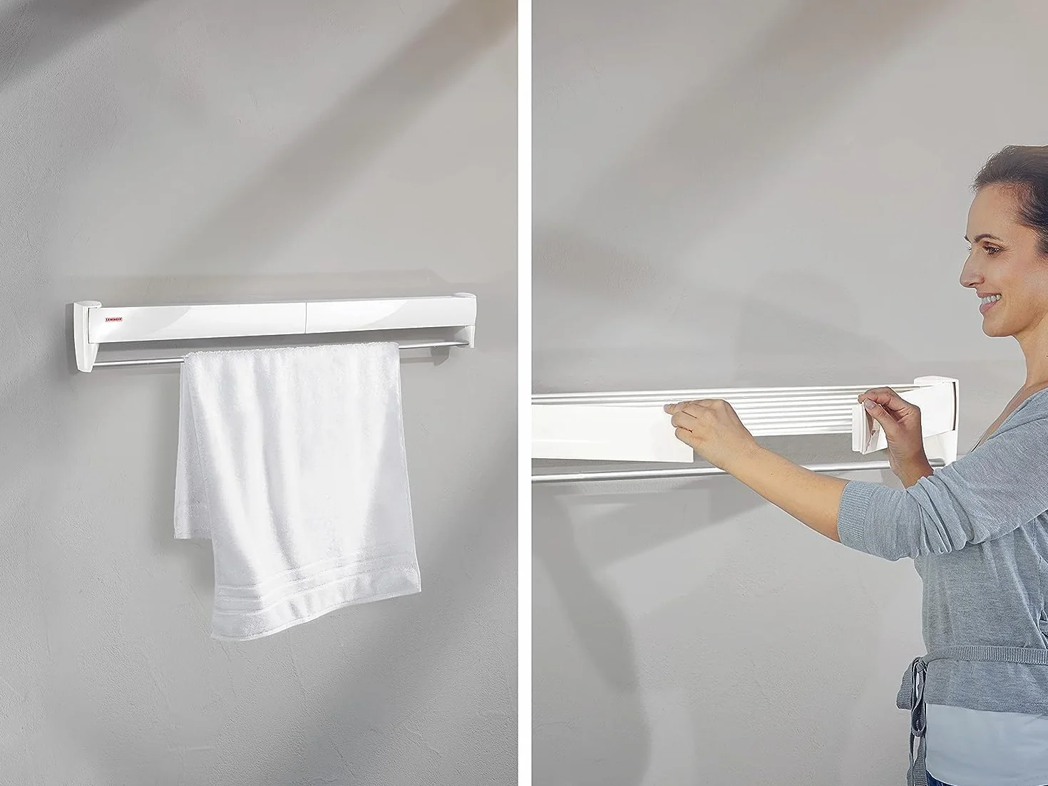 Leifheit Telegant 36 Protect Plus Stendibiancheria da parete, Stendibiancheria estensibile compatto, Stendino allungabile per bagno e balcone