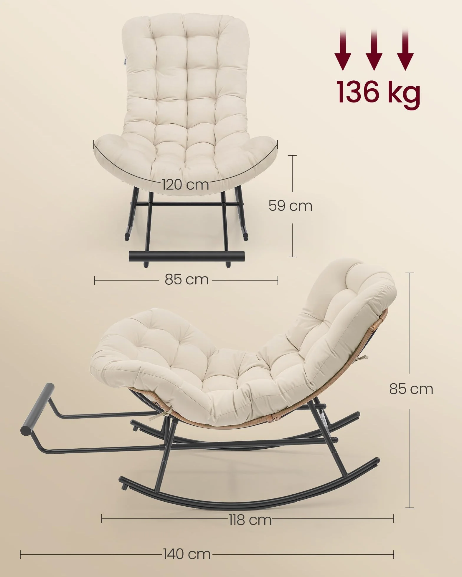 VASAGLE Sedia a Dondolo, Poltrona a Dondolo, Struttura in Acciaio, Poggiapiedi Estraibile, Cuscino Rimovibile, Portata 136 kg, Camera da Letto Soggiorno Terrazza Giardino, Beige LYY062WZ01