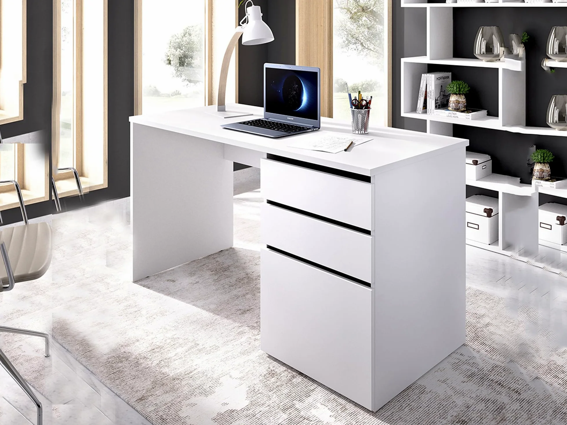 Dmora - Scrivania Lagoni, Scrittoio multiuso da ufficio o cameretta, Tavolo da studio lineare con 2 cassetti e 1 anta, 139x60h75 cm, Bianco