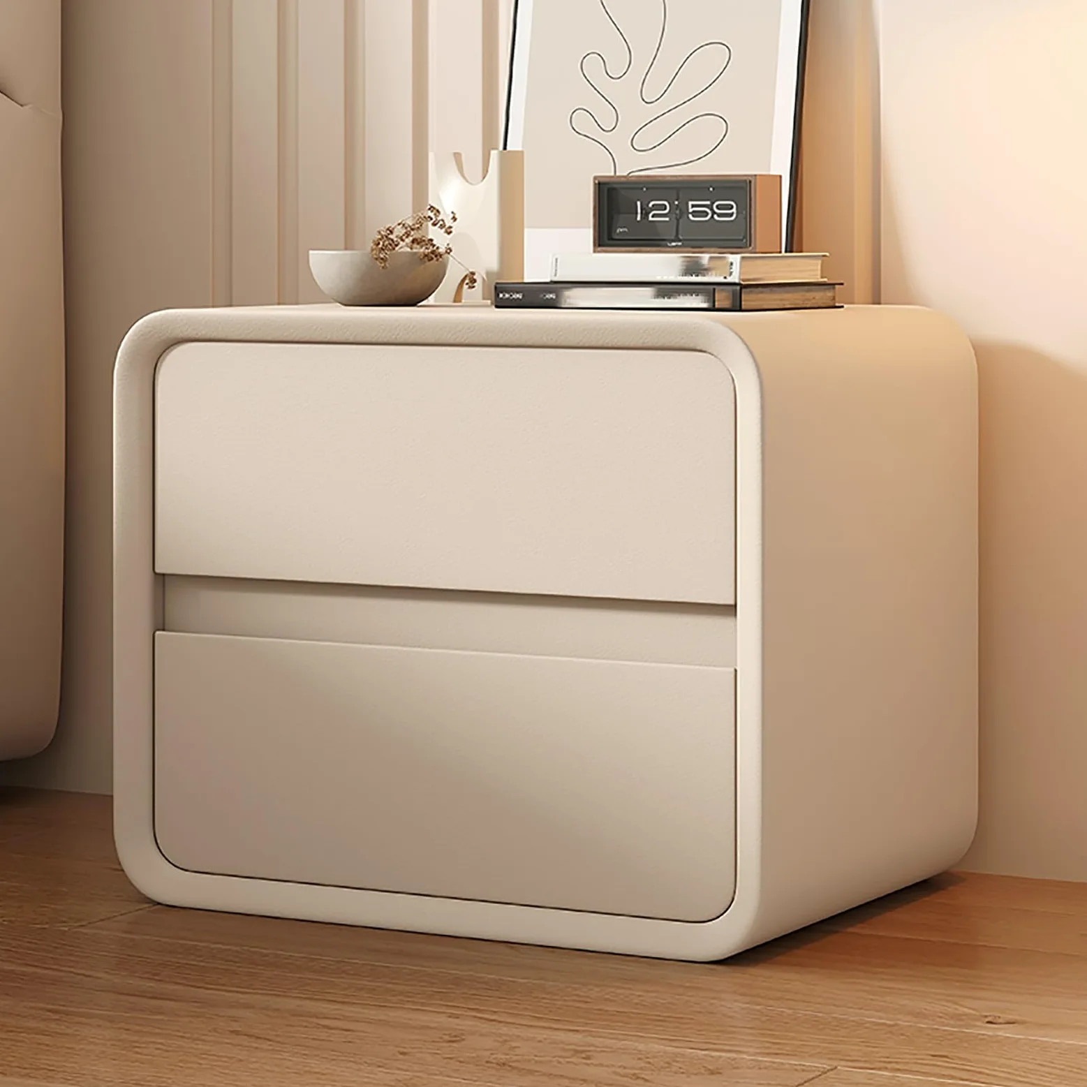 DTREEL Comodino Moderno con 2 Cassetti in Legno Massello e Pelle Microfibra, Tavolino da Camera da Letto/Soggiorno/Dormitorio, Beige, 50 cm/20 in