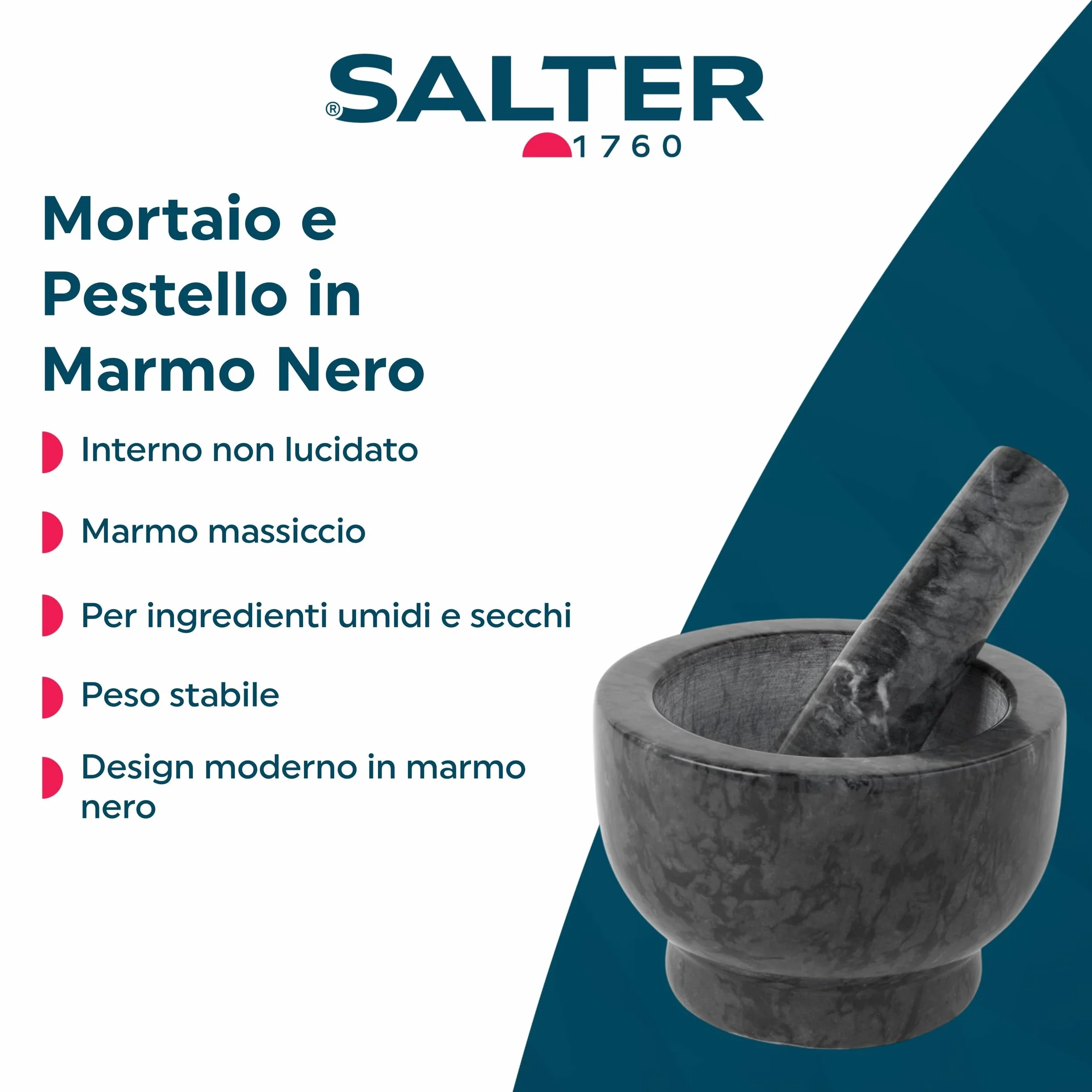 Salter BW11852EU7 Pestello e mortaio di marmo - Grind a mano erbe e spezie per pesto, lavaparabrezza, marinate, condimenti, tritatutto per spezie, frantumatore per erbe, utensile da cucina, nero