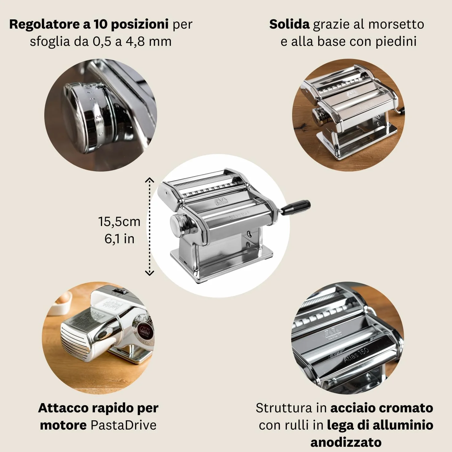 Marcato Macchina per la Pasta Atlas 150 Pasta Maker Sfogliatrice Acciaio Cromato Made in Italy