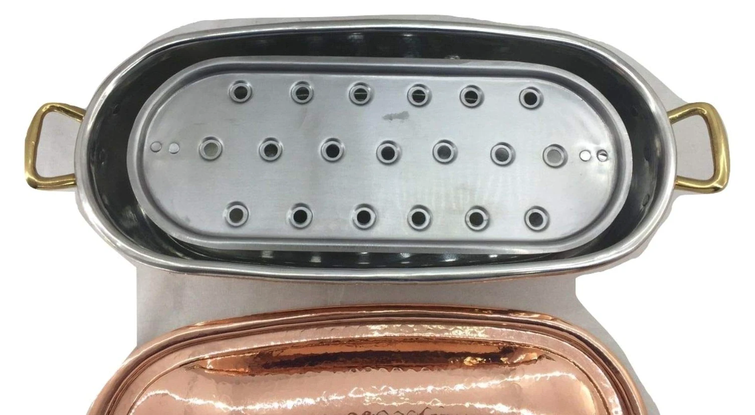 Pesciera in rame stagnato con coperchio da cucina griglia cestello vapore pentola pesce 44x20x13 cm