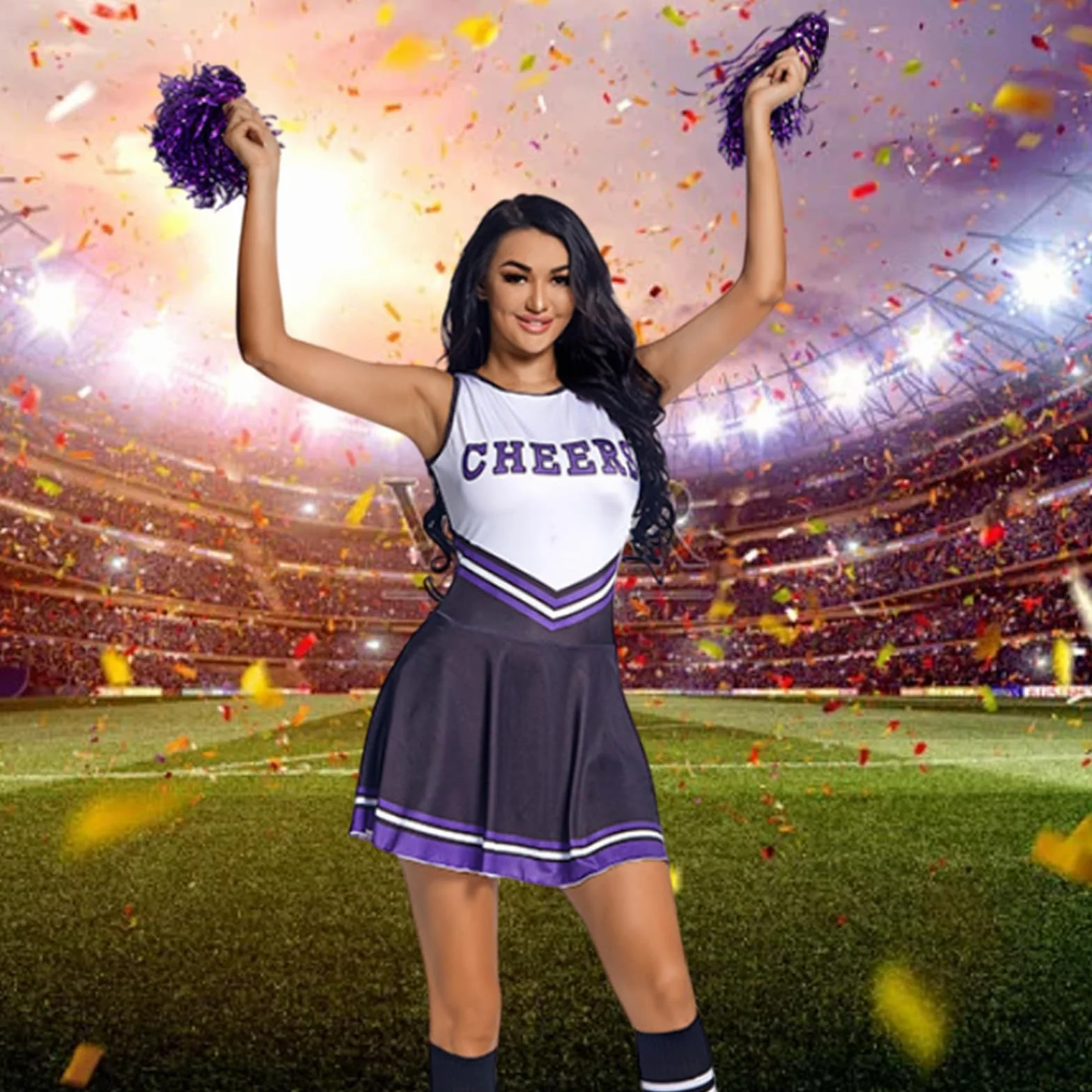 Cheerleader Fancy Dress Outfit with Pom Poms for Women Girls Adult Costume