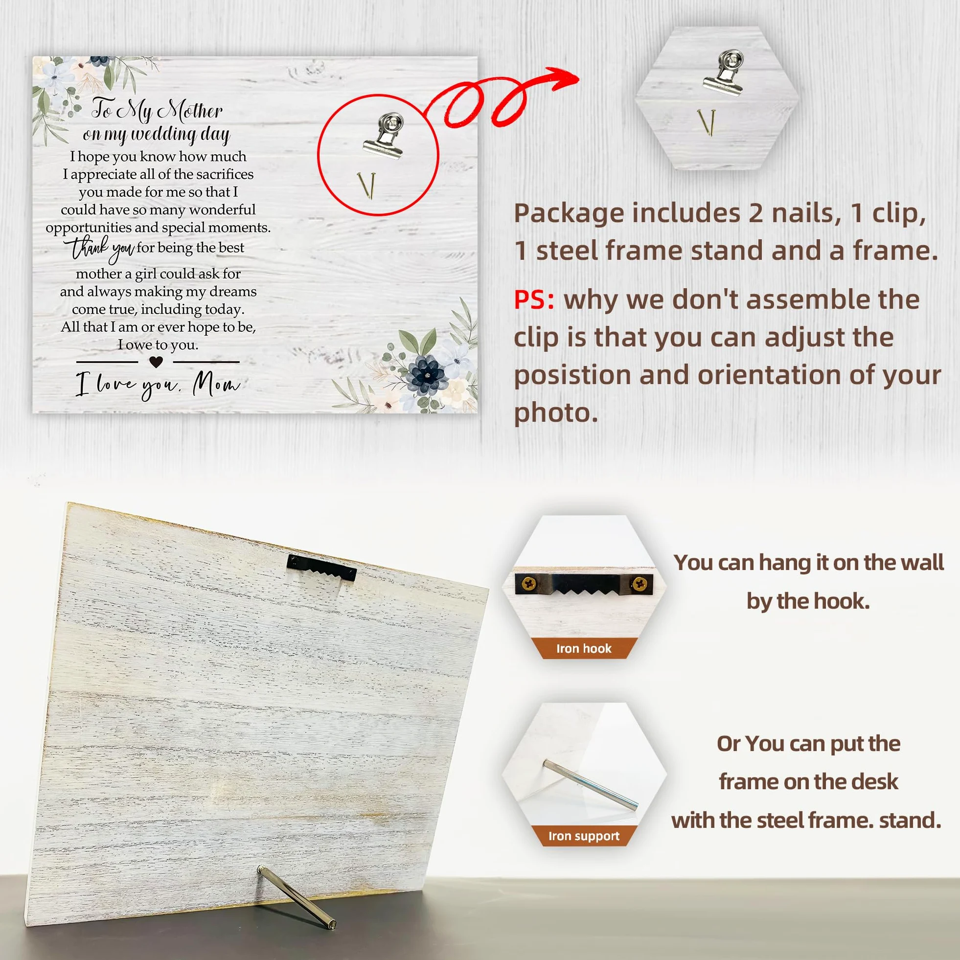 Cornice in legno per foto da 15,2 x 10,2 cm, regalo di ringraziamento per mamma, per mia madre il giorno del matrimonio, decorazione da scrivania per ricordi di nozze