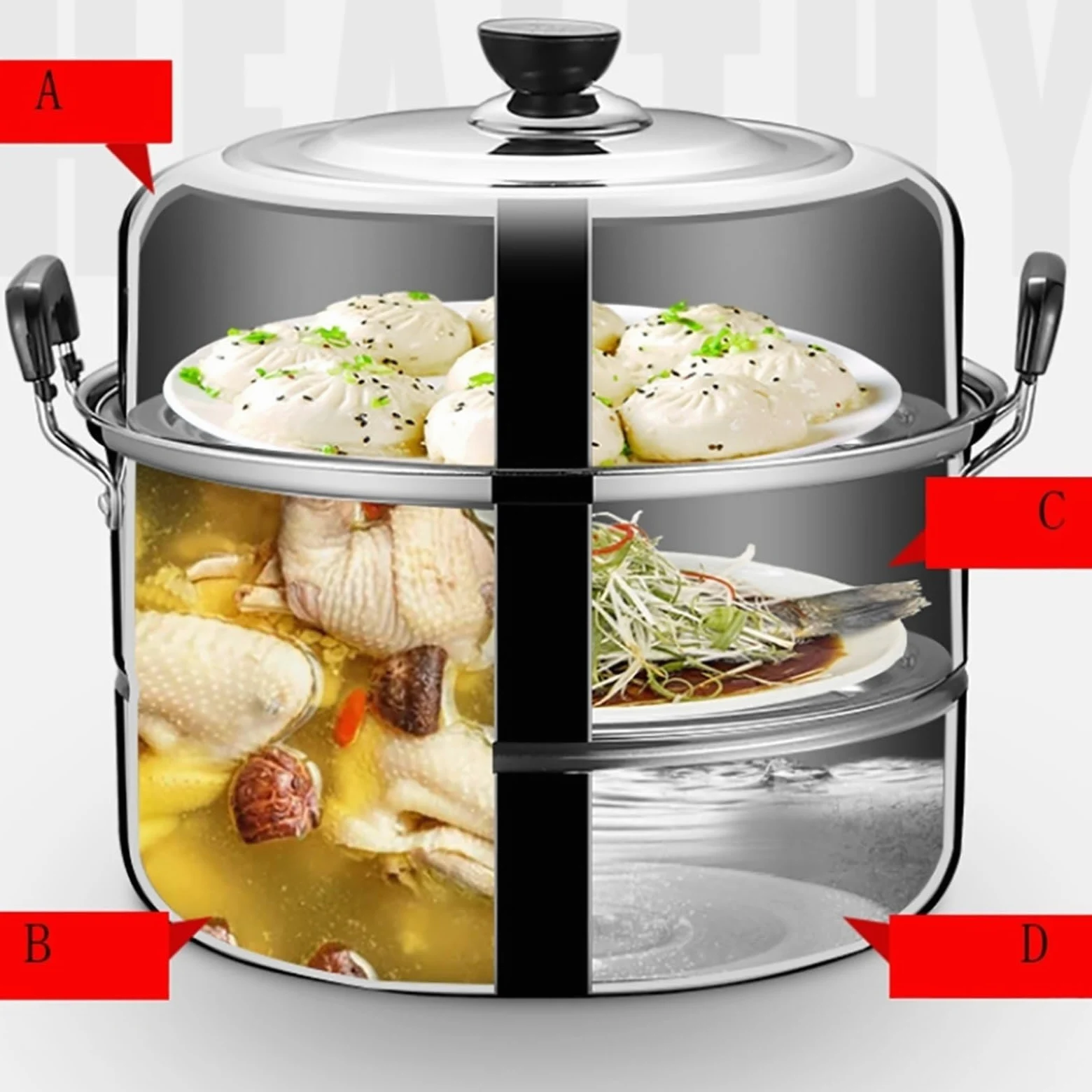 Grande pentola a vapore in acciaio inox a 2 strati per fornelli a induzione e fornelli a gas, design ispessito per uso alimentare, 38 cm