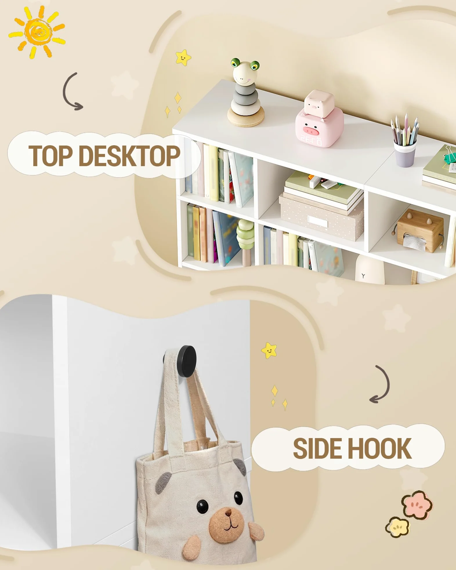 Hzuaneri Libreria per bambini con 2 cassetti contenitori su ruote, scaffale a 4 ripiani, ripiano per giocattoli, armadietto, adatto per cameretta, soggiorno, studio, 30 x 140 x 120 cm, bianco KB75203W