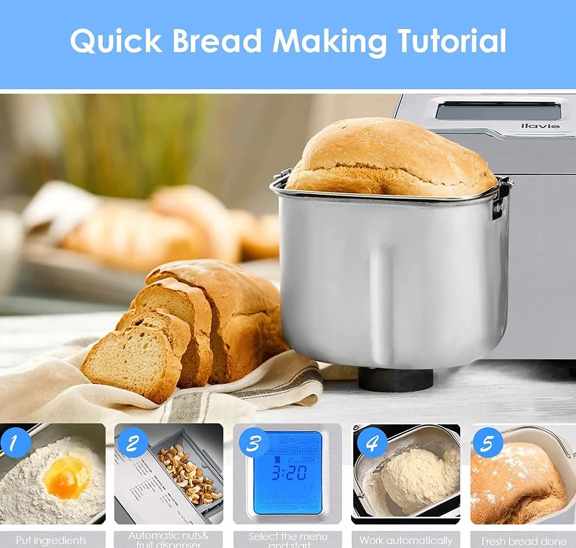 Macchina per il pane 550W, Panificatore automatico con 25 programmi, Capacità 500-1000g Argento