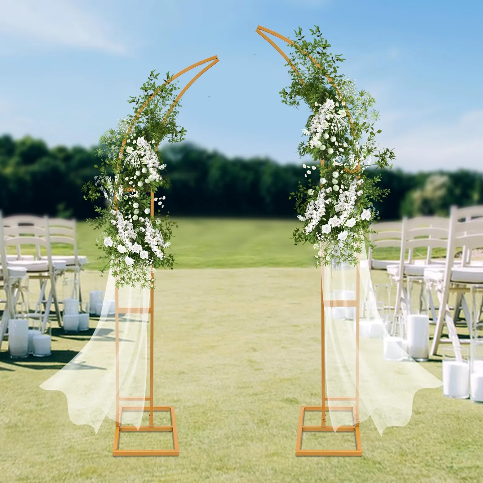 Set di 2 supporti per arco per matrimonio, arco di fiori a forma di mezza luna, supporto per sfondo in metallo, 2,1 m e 1,9 m, ideale per matrimoni, compleanni e feste (oro)