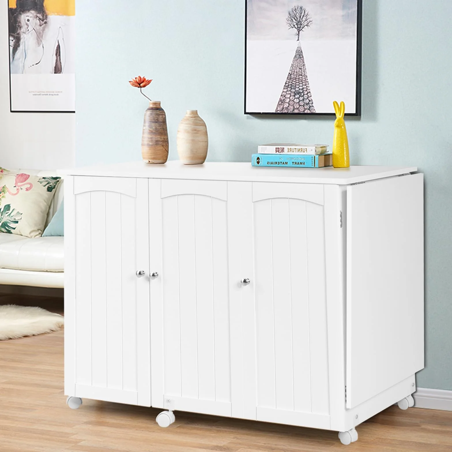 LIFEZEAL 3 in 1 Armadietto per Cucito, Tavolo per Macchina da Cucire, Salvaspazio, Pieghevole, Mobile, Tavolo da Stiro, Credenza, 6 Ruote, 3 Mensole e 1 Ripiano, Ampio Piano, 158,5x50x74cm (bianco)