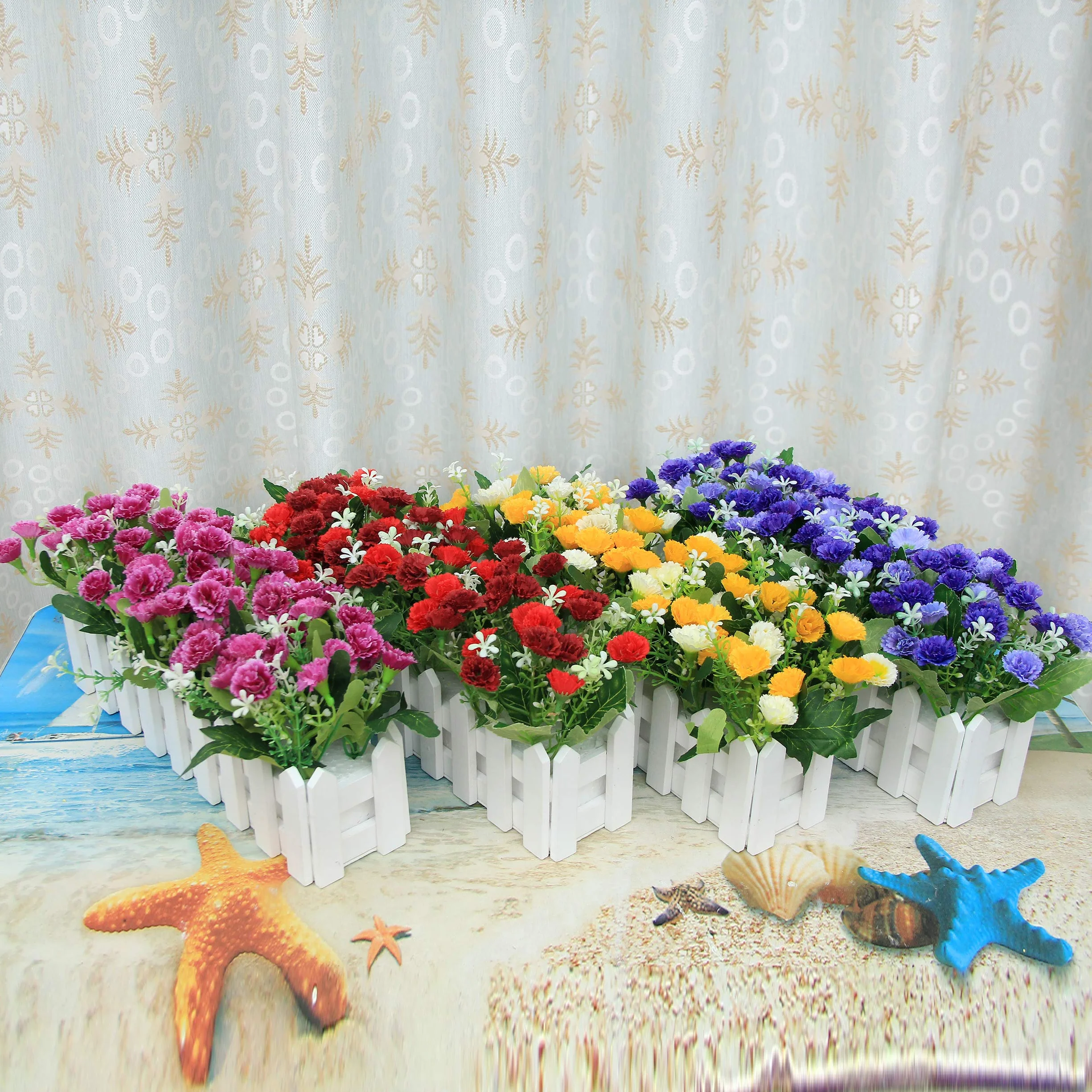Garofani Fiore Artificiale con Recinto Faux Carnations Piante Artificiali in Vaso Simulazione Potted Bonsai Ornamenti Decorazioni Festa Casa Balcone Ufficio Nozze 30 * 7.5 * 15 cm - Blu