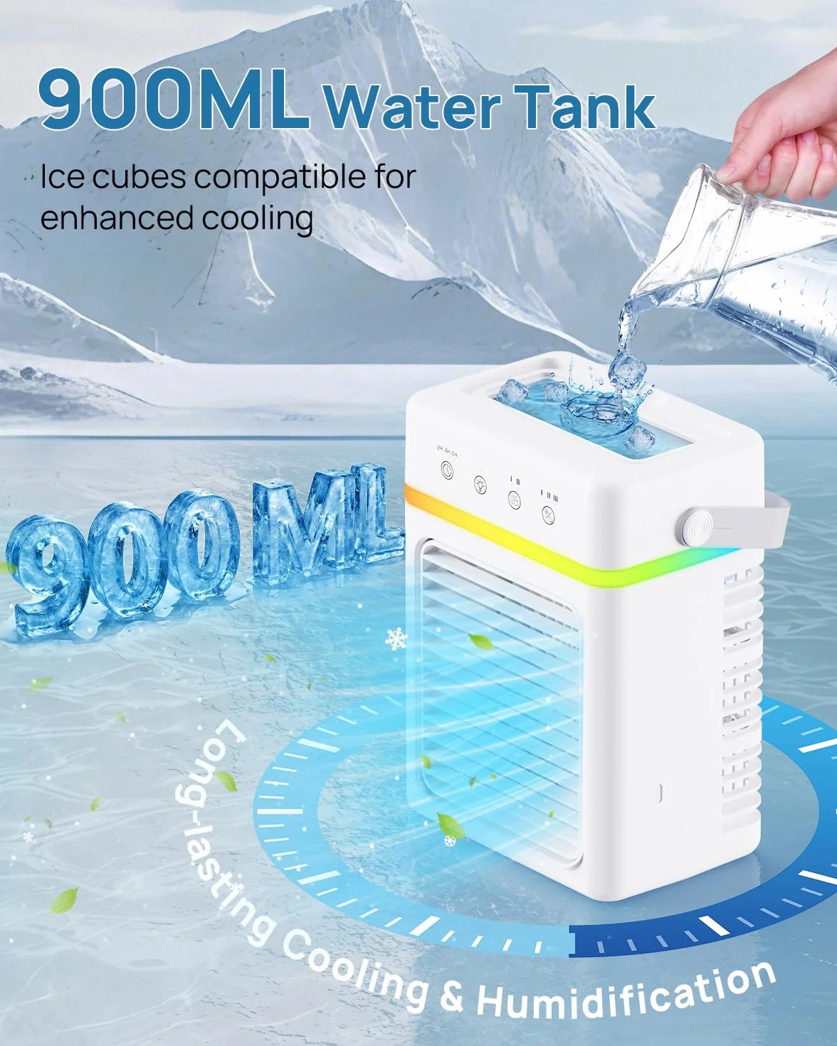 Condizionatore Portatile 900ml Silenzioso, Raffreddatore D'aria 3 Velocità & 3 Modalità, Climatizzatore USB con Nebulizzazione 4μm, Luci LED & Risparmio Energetico, Ideale per Casa, Ufficio, Campeggio
