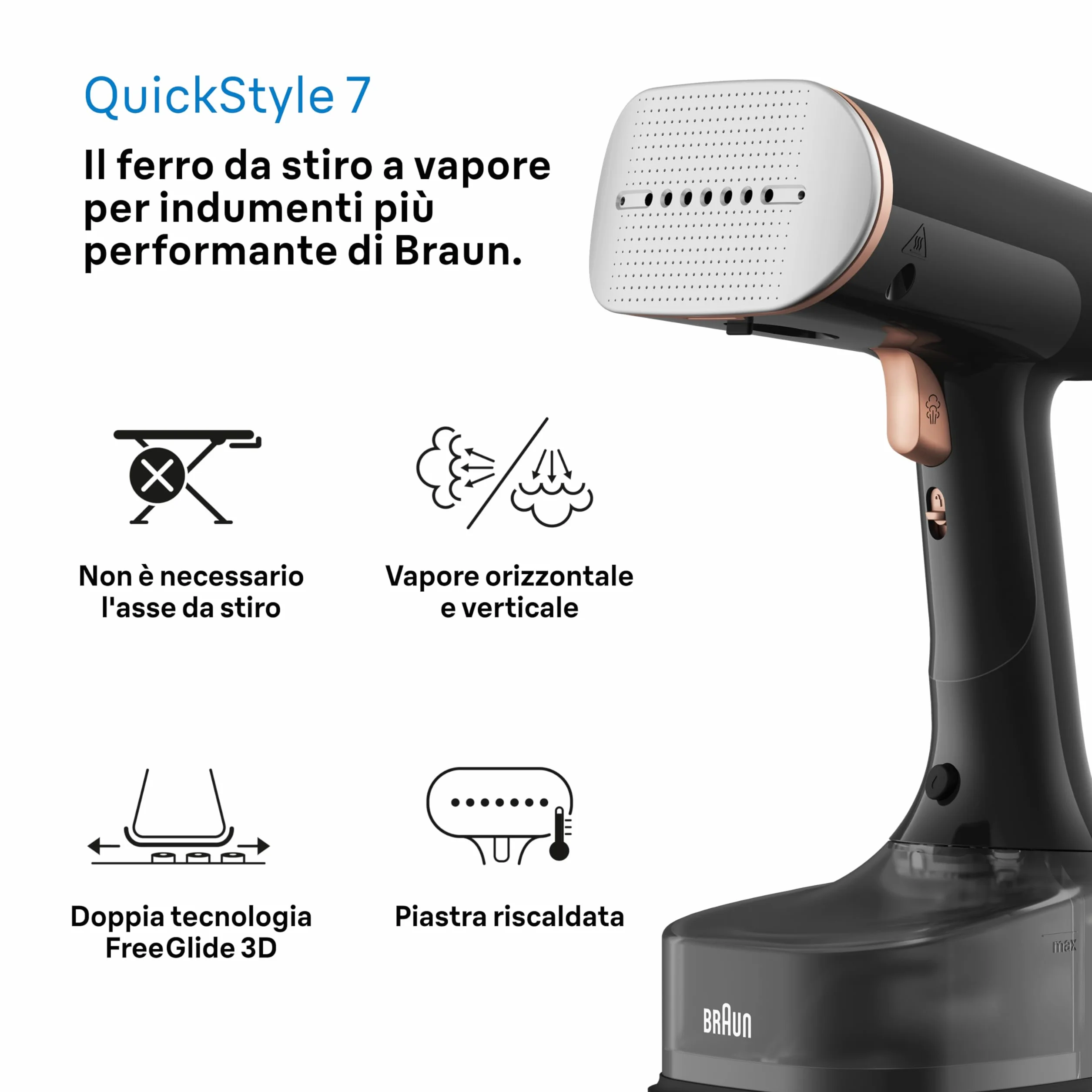 Braun QuickStyle 7 GS7077BK, Stiratore Verticale con Tecnologia Dual FreeGlide 3D e Piastra Riscaldata, con Riscaldamento Rapido, Vapore 35 g/min, Capacità 250 ml, Cavo 3 m, 1600W, Nero/Oro