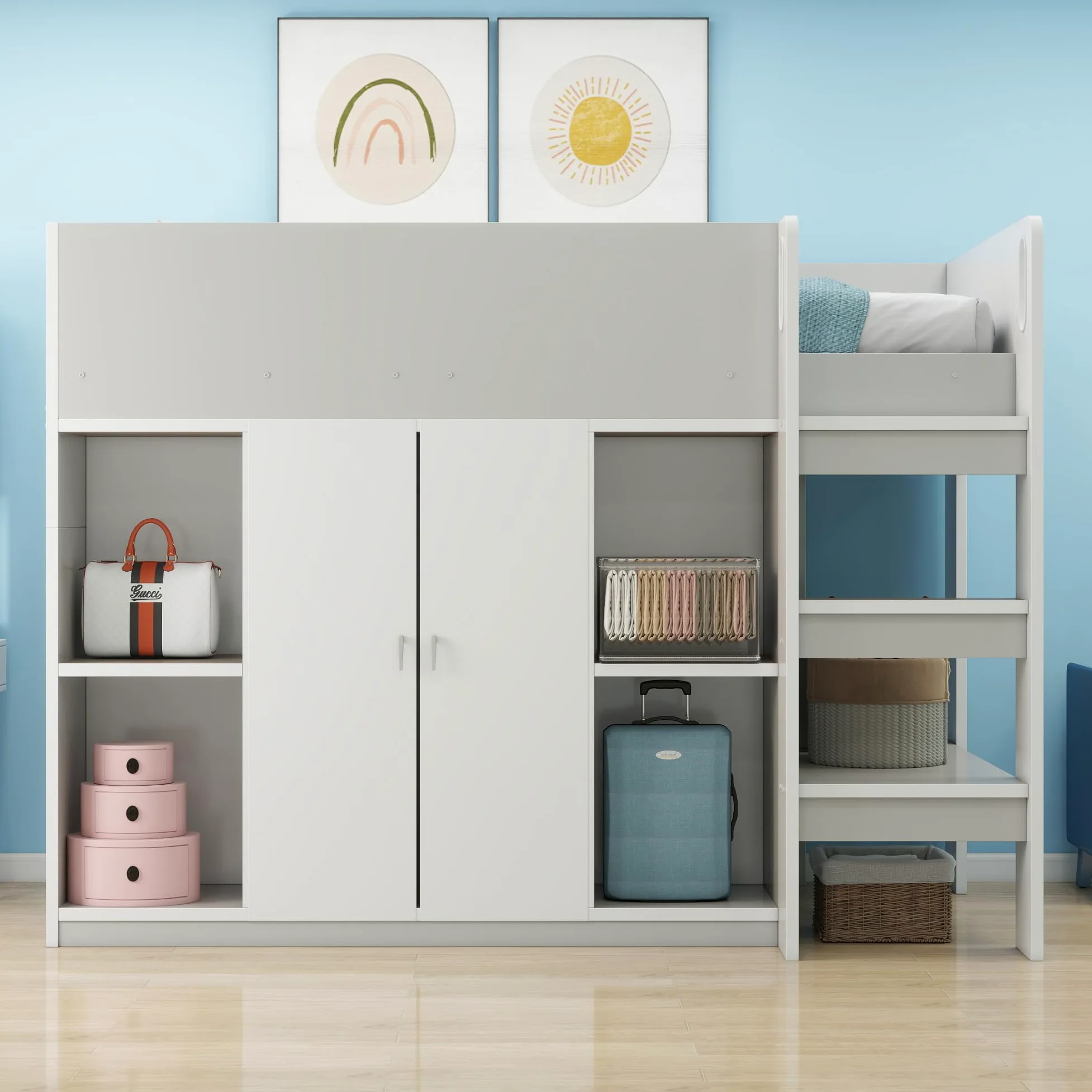 Azkoeesy Letto a Soppalco Singolo con Armadio, 90x200 cm, Spazio di Archiviazione, Scale, Ringhiera e Doghe, per Adolescenti e Adulti, in Truciolame, Grigio