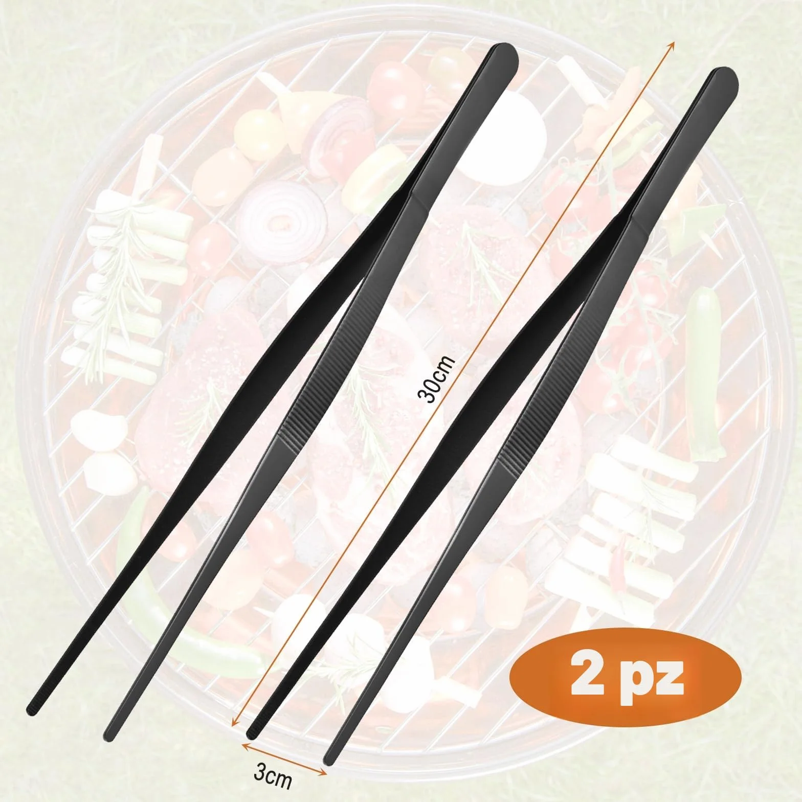 Pinze da Cucina in Acciaio Inox 30 cm, Confezione da 2, Utensili Professionali per Griglia, Nero